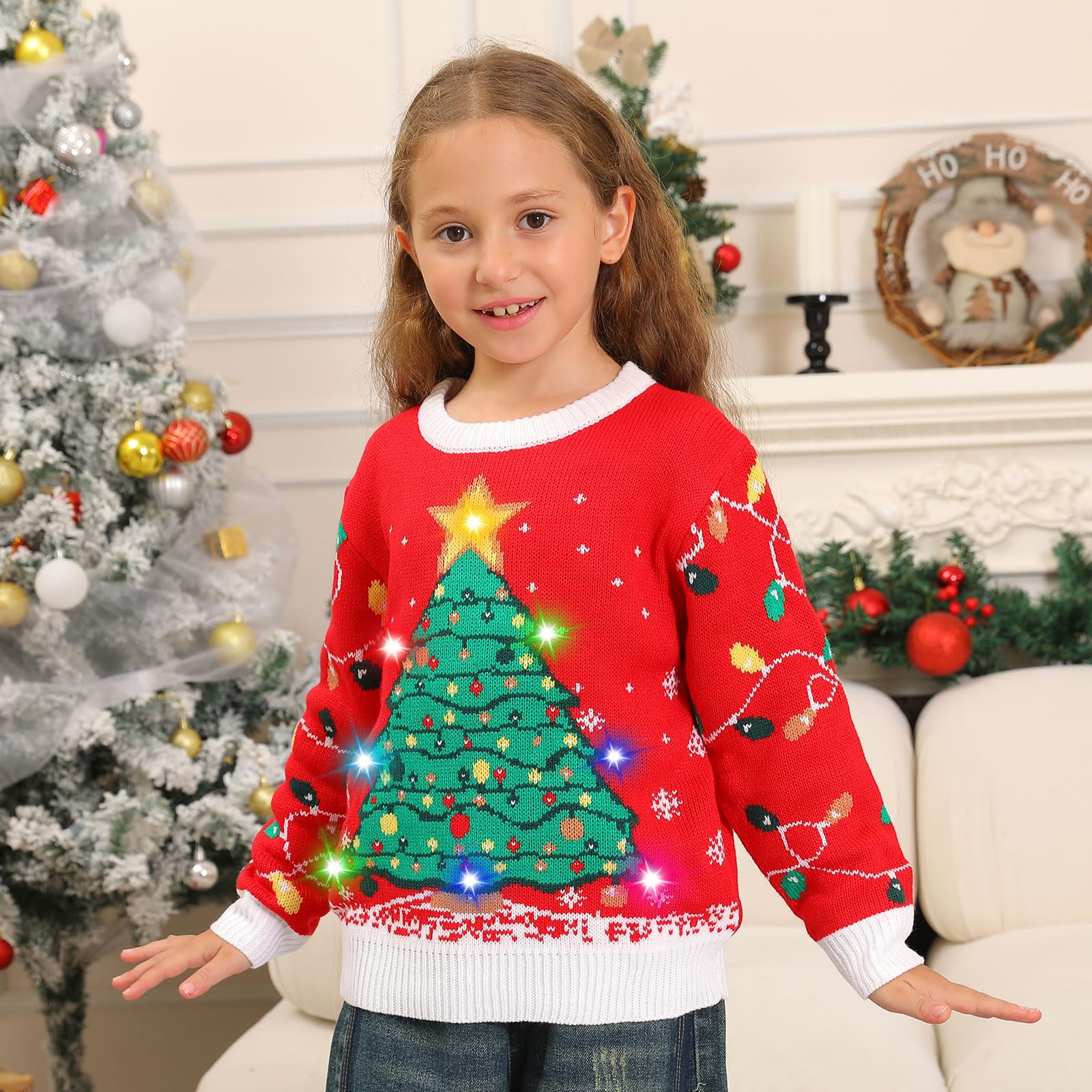 Maglione Natalizio Bambino con Luci, Maglioni Natalizi Bambini Divertenti, Girocollo Maglioncino Natalizio Famiglia Led Ugly Christmas Sweater,Brutti Maglioni di Natale per Bimbo/Bimba/Ragazza/Ragazzo