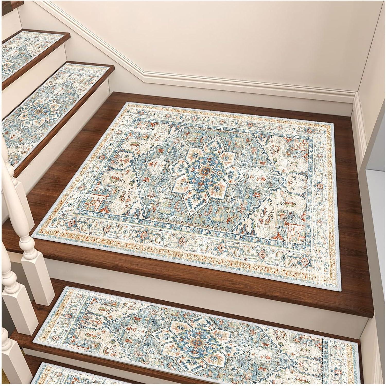Edging Stair Treads Non-Slip Carpet Mat, 30in X 8in Indoor Stair Runners for Wooden Steps, Rubber Backing Stair Rugs for Kids Elders and Pets(Blue/Yellow,15PCS)