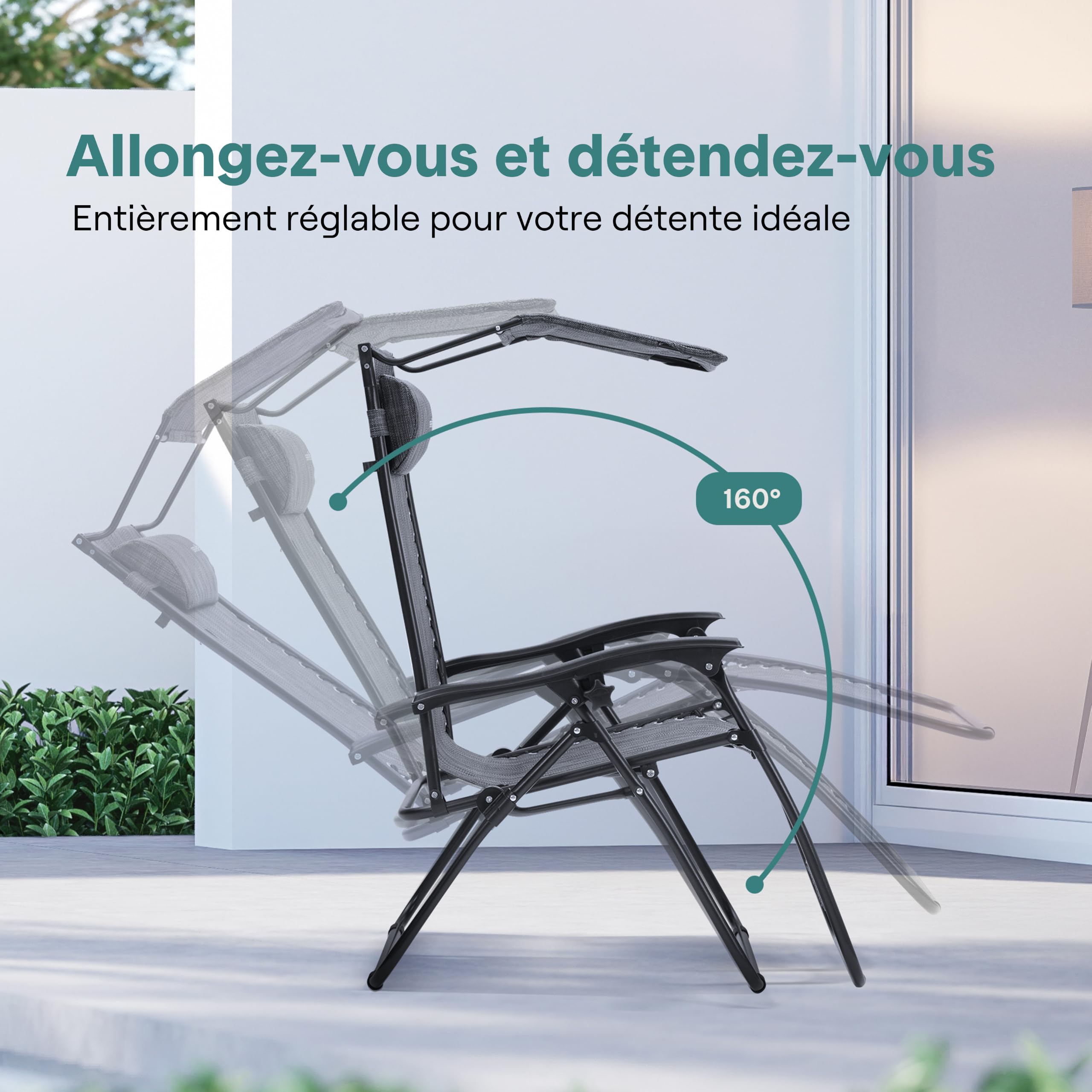 SereneLife Set de 2 Chaises Pliantes - Chaise Longue Réglable pour Extérieur avec Table Latérale, Visière Pare-Soleil, Porte-Gobelets, Oreillers Amovibles - Patio, Jardin, Plage - Gris