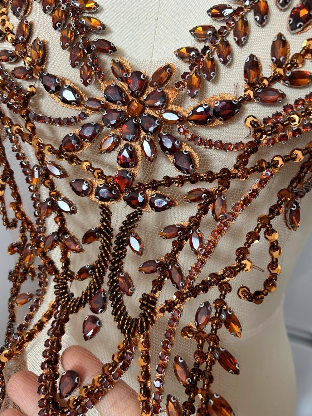 Rhinestones Beaded Bodice Applique Glass Patch Easy to use for Wedding Evening Dance Dress Decoration (Brown)