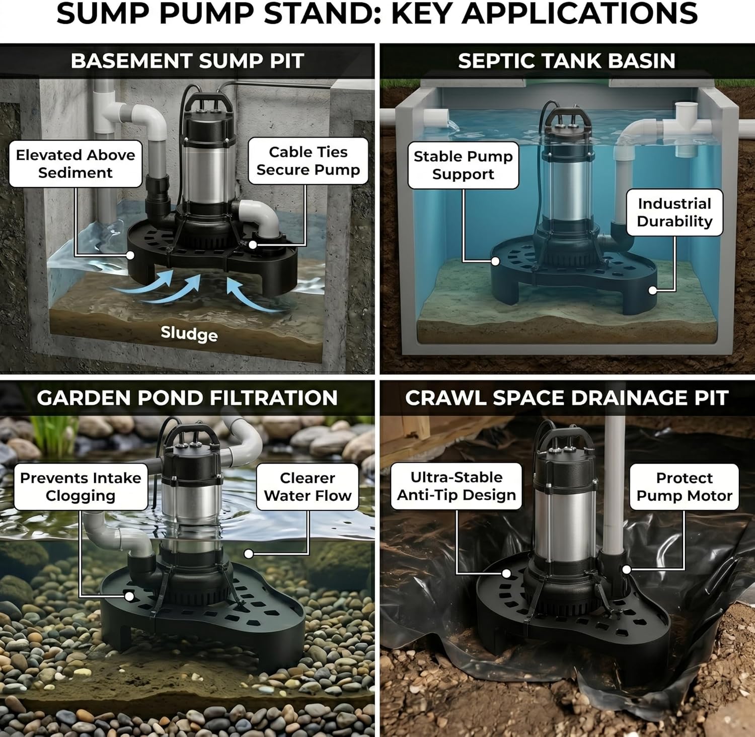 Sump Pump Stand, 2.25" High Universal Pump Riser with Reusable Heavy-Duty Cable Ties - Anti-Clog Design Prevents Sediment & Silt Buildup - Durable Corrosion-Proof Base for Basin, Pond & Septic Tank