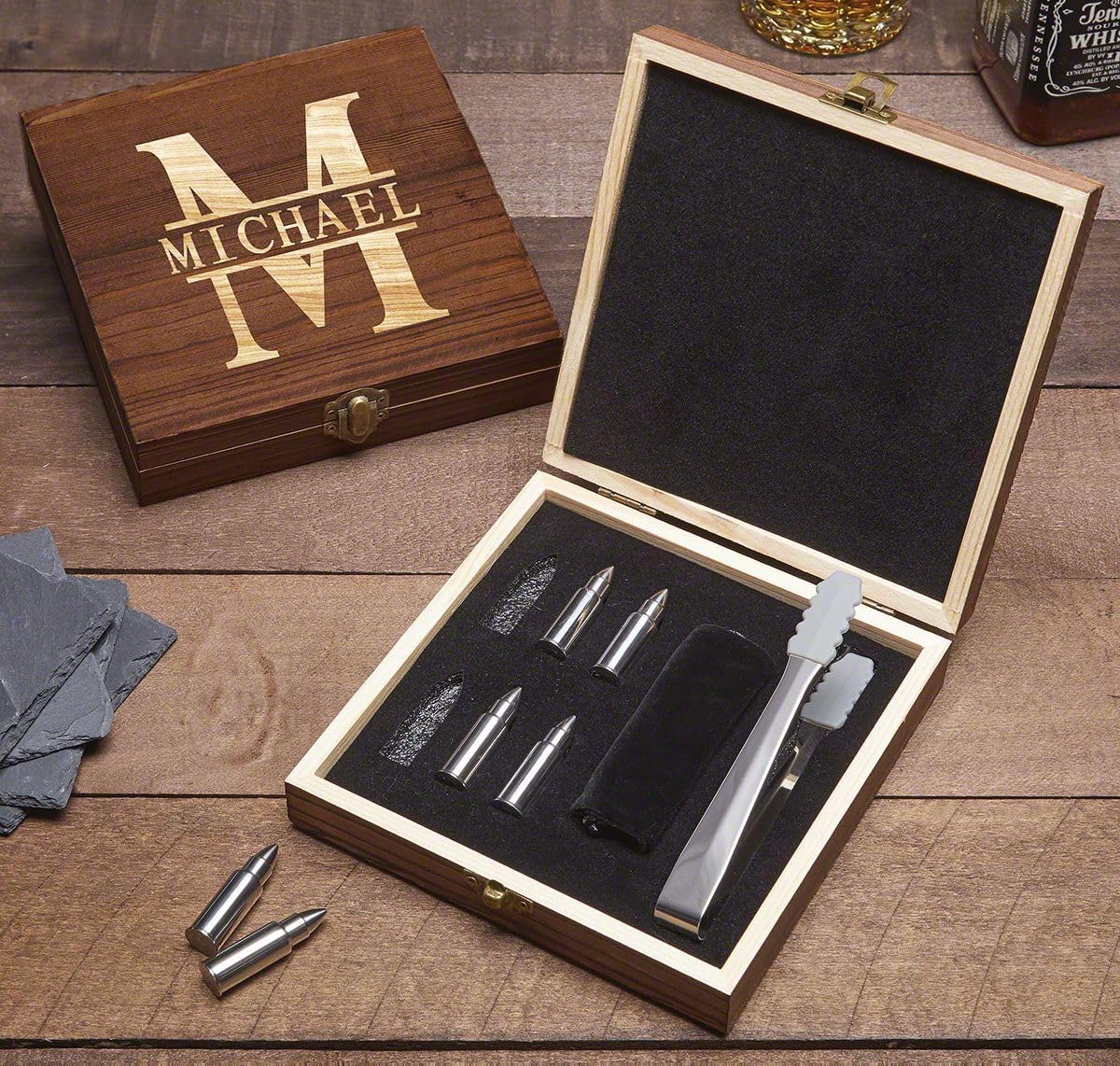 Bullet Whiskey Chilling Stones Gift Set - Whiskey Glasses and Wooden Box (Oakmont - Bullet Stones)