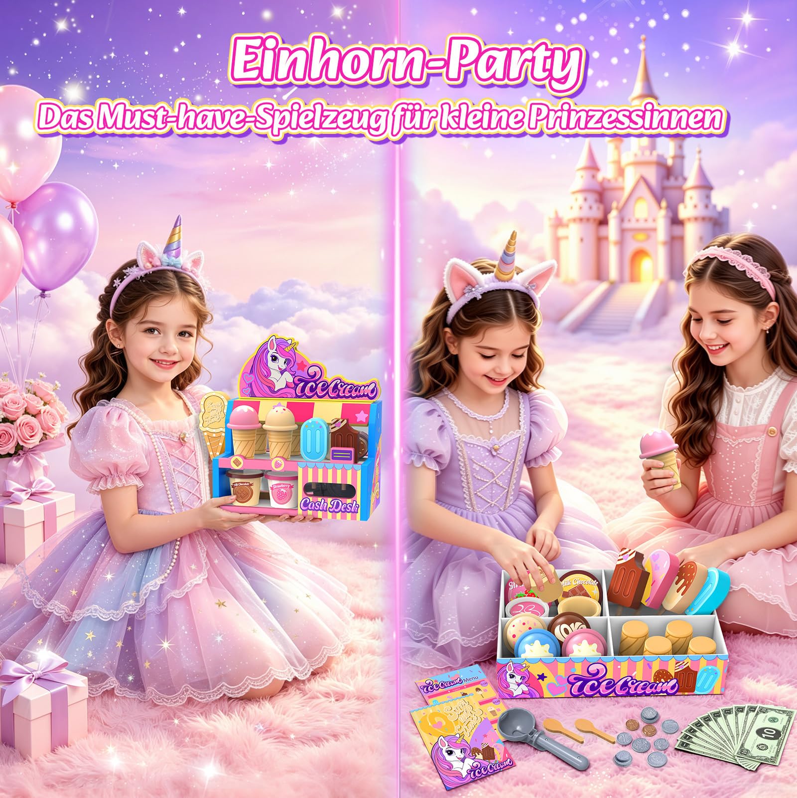 Einhorn Eisdiele Kinder Holz,Eiswagen Spielzeug für Mädchen 3 4 5 6 7 8 9 10 11 12 Jahre,Eiscreme Rollenspiel Set mit Eistheke,Speisekarte,Eisportionierer & Spielgeld,Geschenk für Mädchen 3-12 Jahre