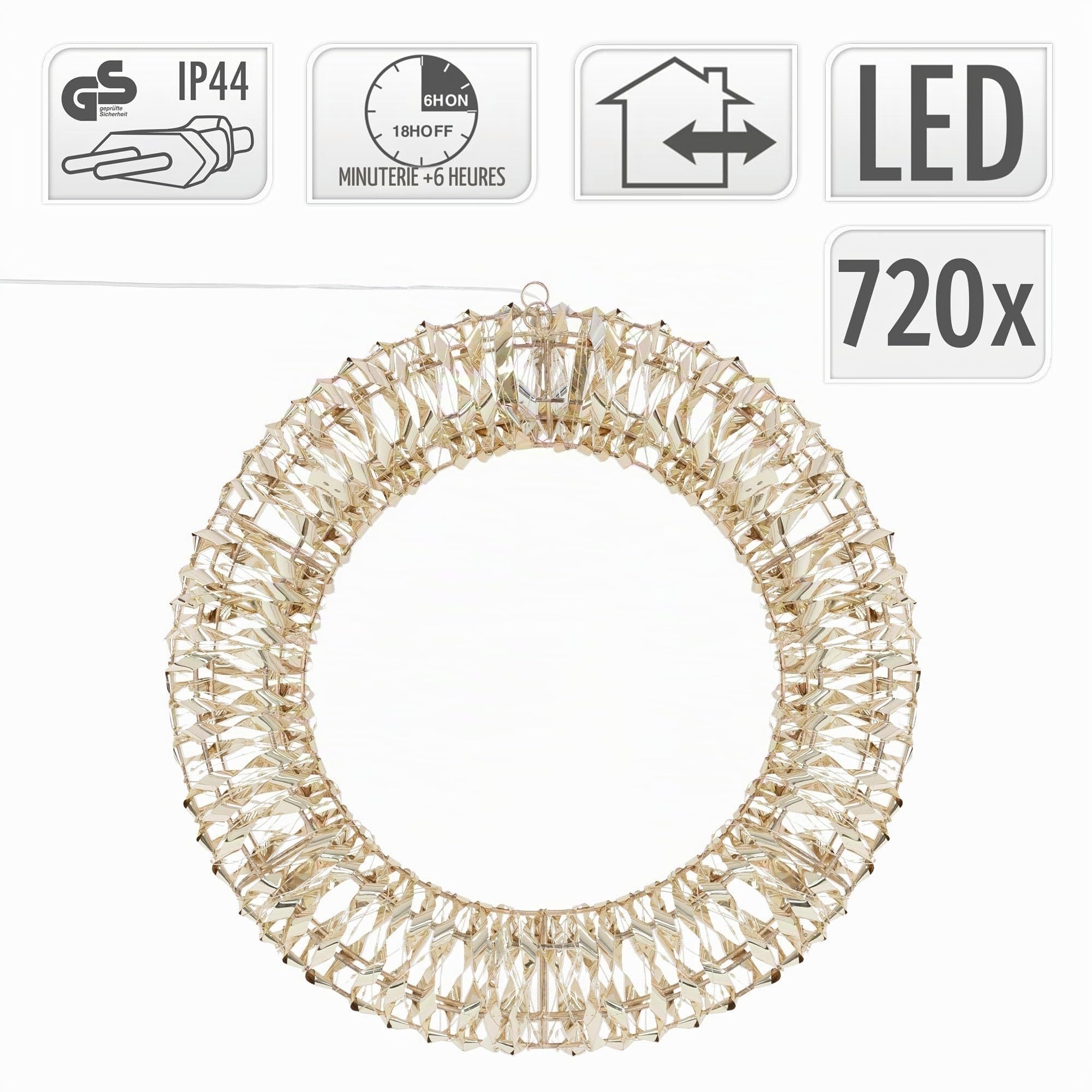 ECD Germany Couronne de Noël LED Ø50cm avec 720 Micro LED Blanc Chaud & Minuterie, IP44 Étanche Intérieur/Extérieur, Couronne Métallique Suspendue 3D Éclairage LED, Décoration de Porte Fenêtre