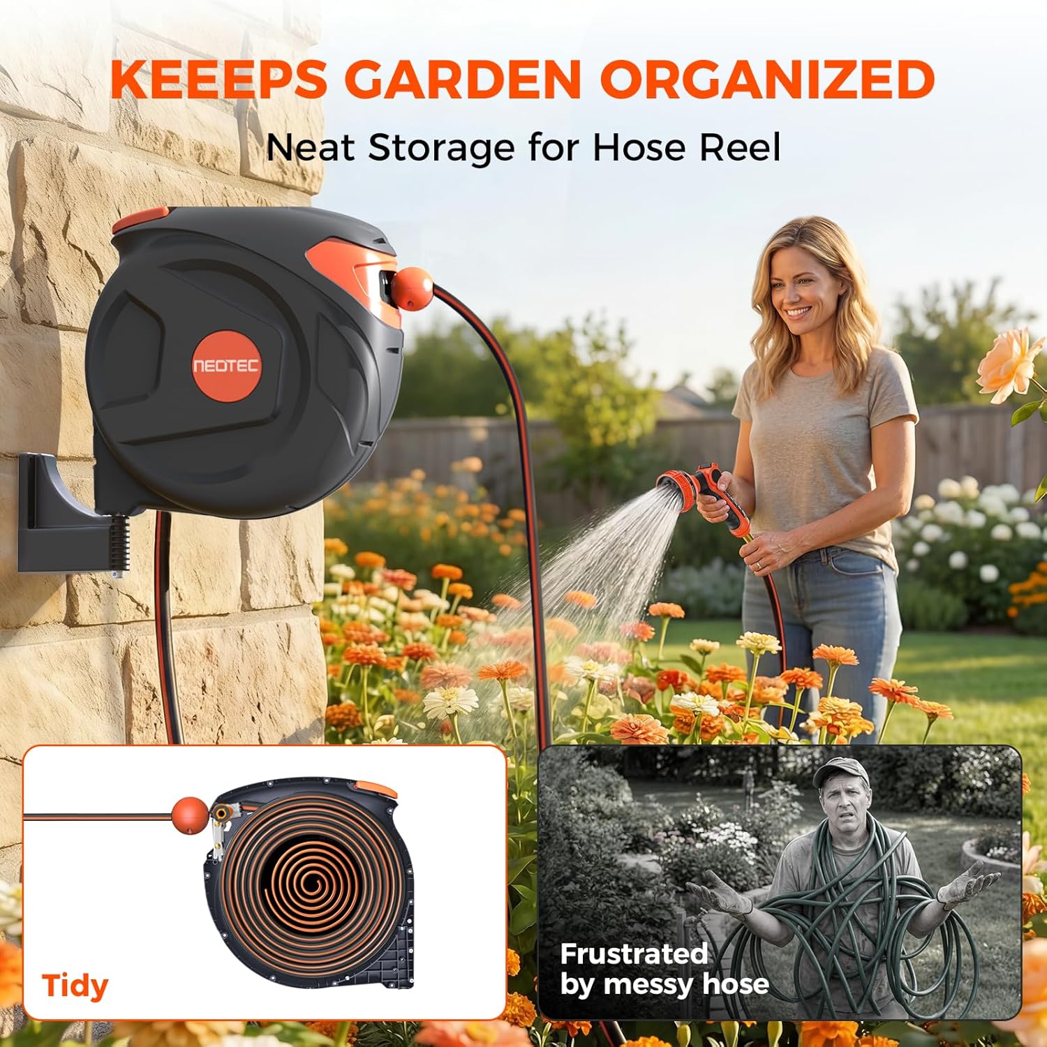 New Retractable Garden Hose Reel 1/2 inch x 65 ft 9 Pattern Nozzle Wall-Mounted Any Length Lock Automatic Slow Return 180° Swivel UV Resistant Heavy Duty Hose Reels for Outside