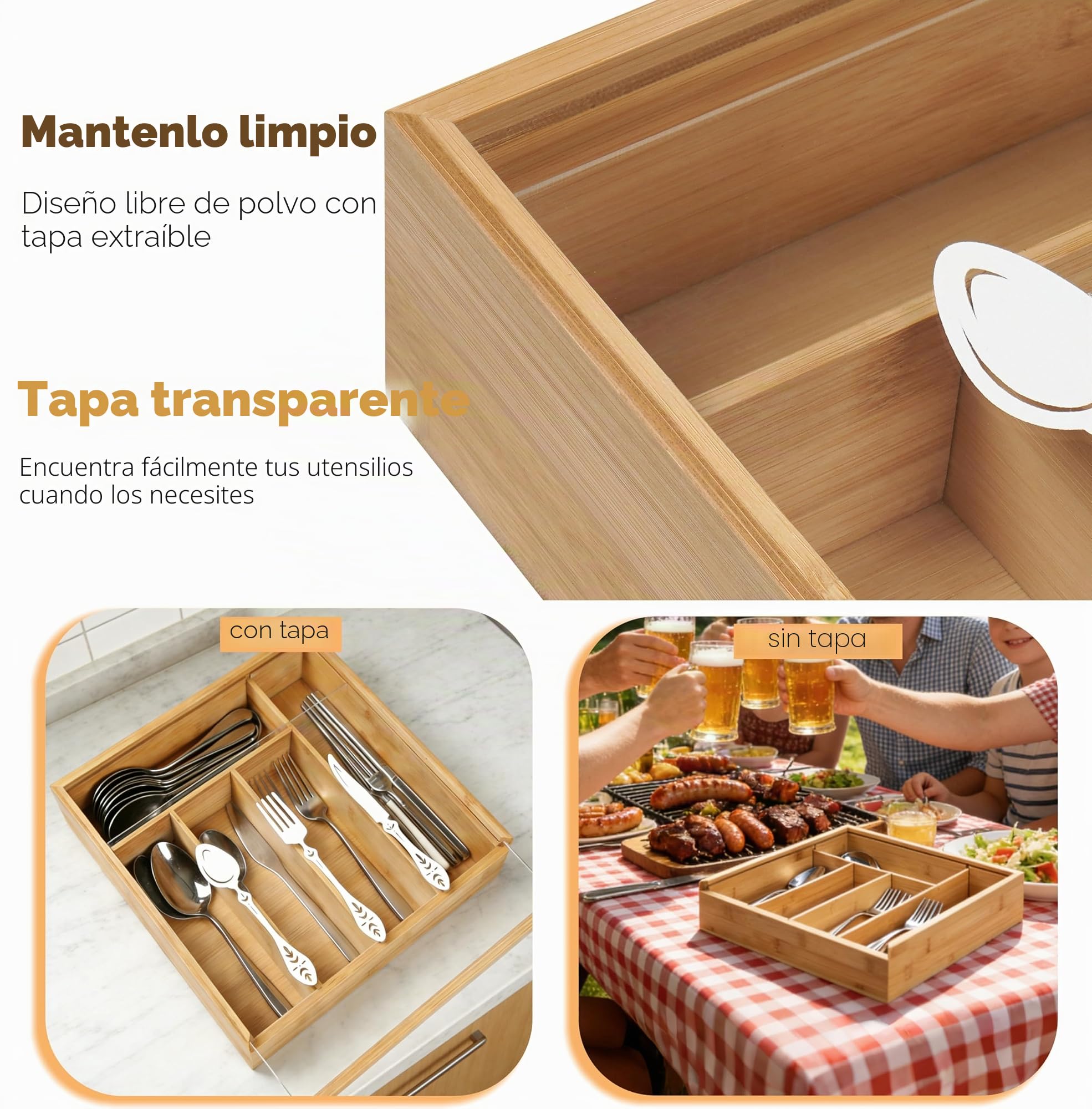 Cubertería de madera con tapa, 5 compartimentos, caja de almacenamiento, 30 x 30 x 8 cm, organizador de cubiertos para mesa y cajón, soporte para cubiertos con diseño decorativo