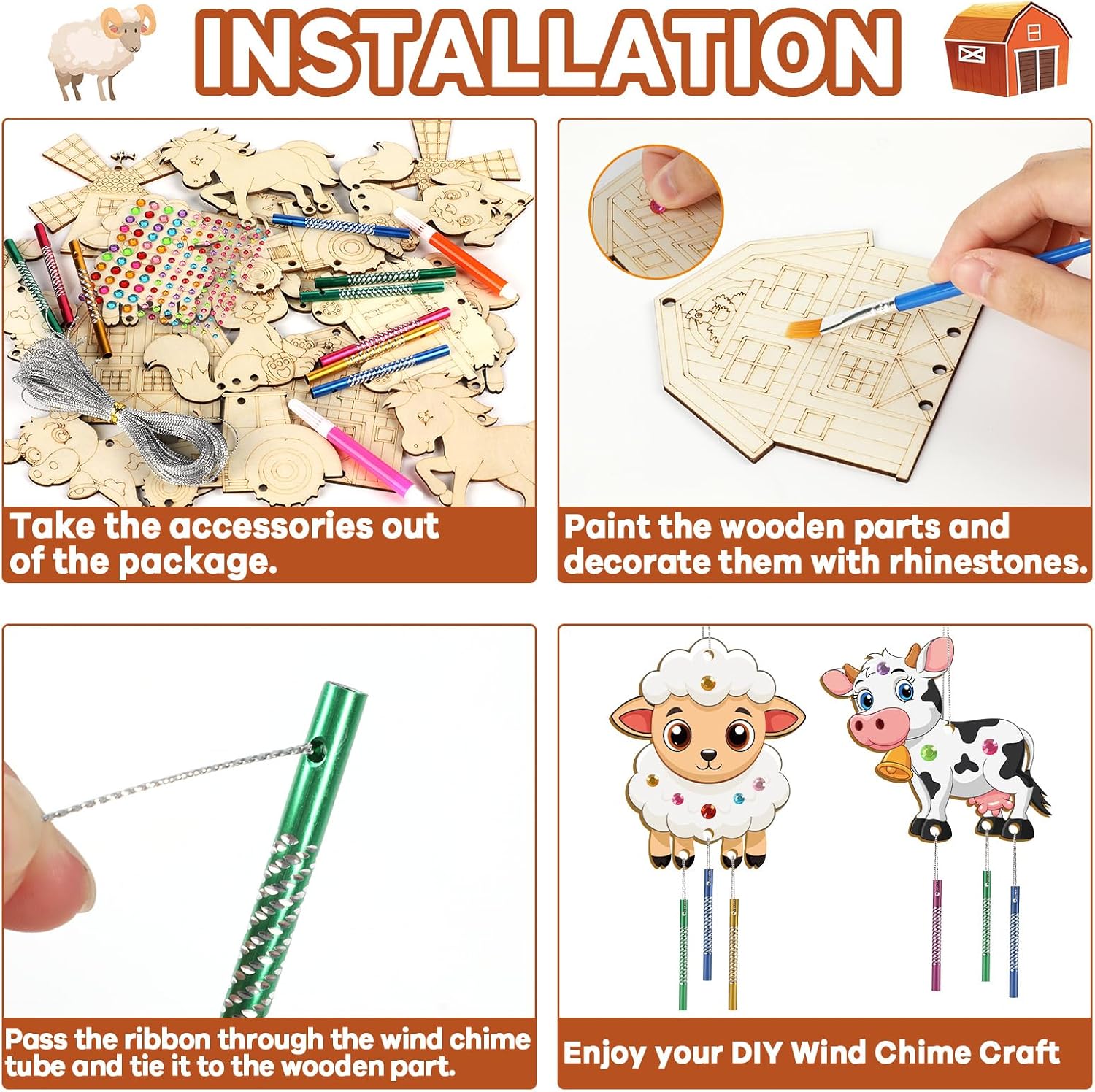 gisgfim 16 Pack Farm Animals Crafts for Wind Chime Kits Make Your Own Farmhouse Wind Chime Wooden DIY Coloring Arts Crafts for Home Barnyard Tractor Party Hanging Decoration Supplies Favor