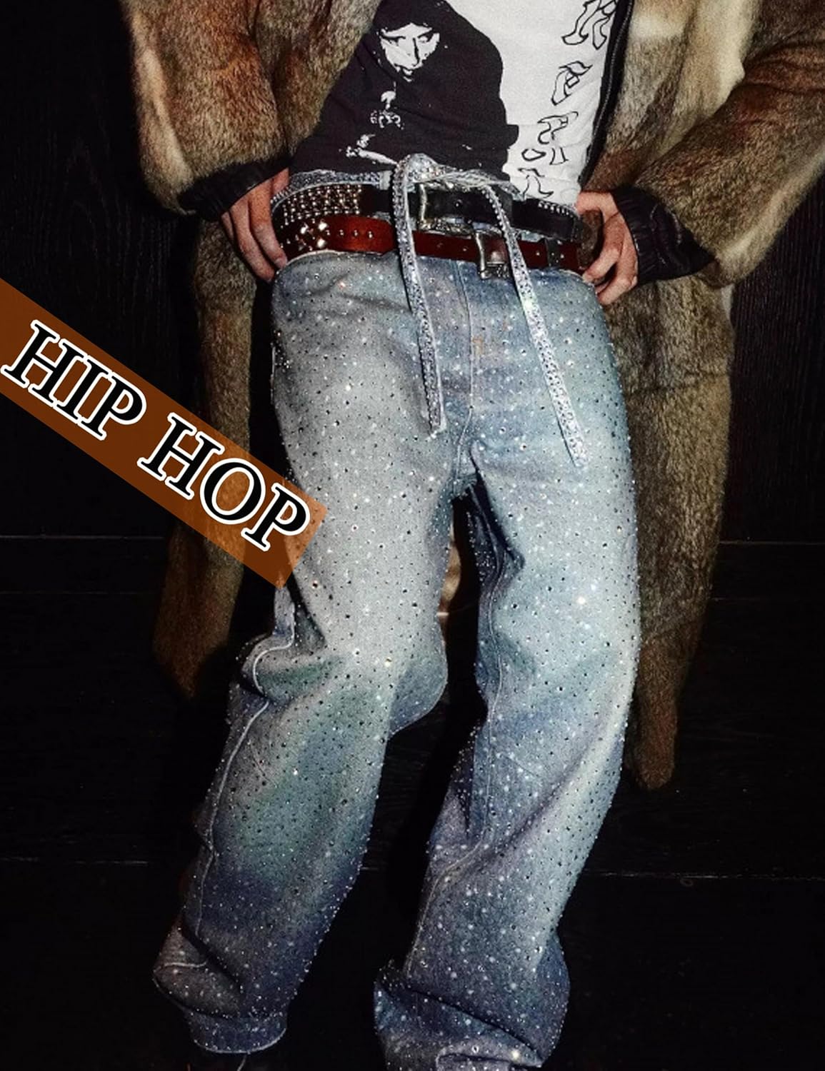Men Baggy Rhinestone Jeans Wide Leg Denim Pants Vintage Sparkly Pearl Jeans Y2k Oversized Hip Hop Pants for Women