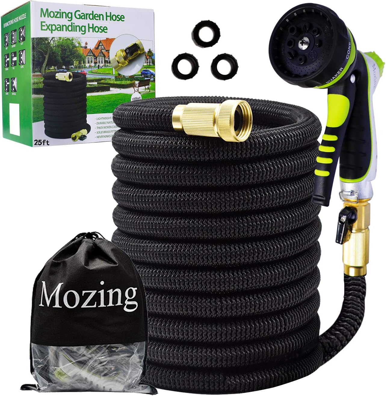 Mozing Expandable Garden Hose 25ft - Anti-Kink Flexible Water Hoses with 8 Function Nozzle and Durable Solid Brass Fittings (Black-Green)