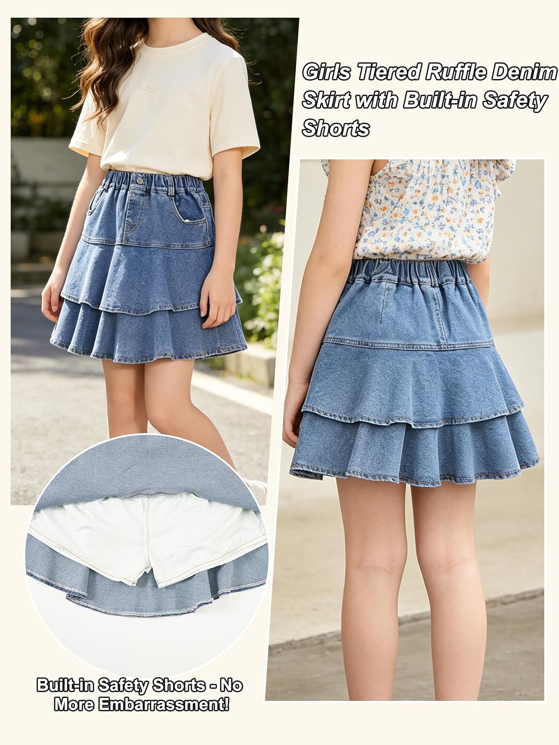 Rolanko Girls Jean Skirt, Tiered Ruffle Denim Skort, Elastic Waist Denim Skirts with Pockets for Kids School Daily Wear 6-14Y