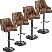 VECELO Adjustable Bar Stools Set of 4 with Back & Arms - Swivel Counter Height PU Leather Kitchen Island Chairs, Industrial Brown