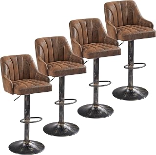 VECELO Adjustable Bar Stools Set of 4 with Back & Arms, Swivel Counter Height Kitchen Island Stools, Industrial Brown PU Leather