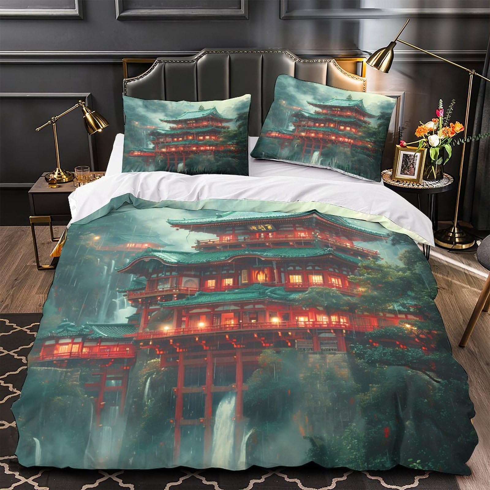 Housse de couette temple japonais en microfibre 135x200 cm avec taie d'oreiller