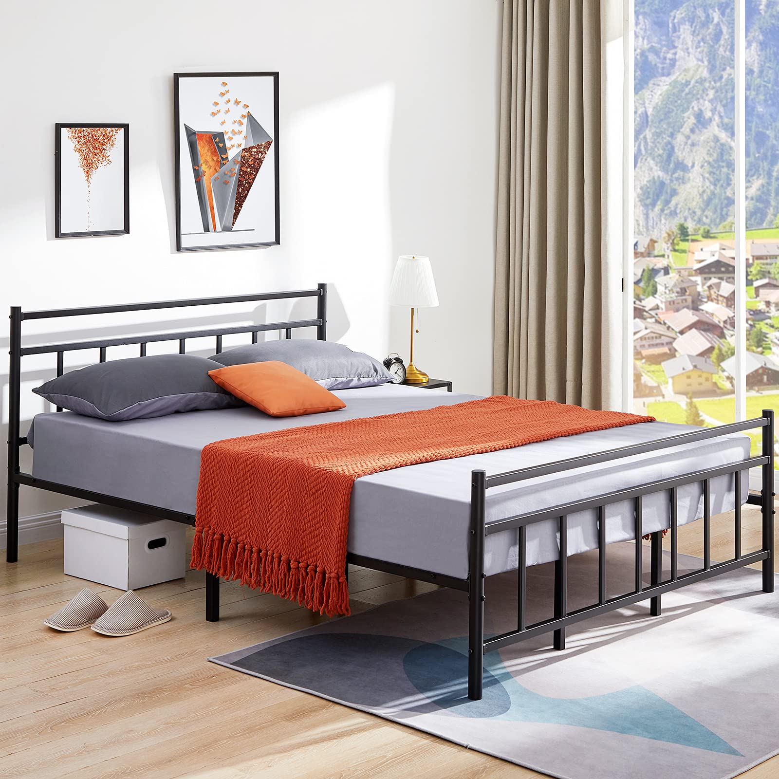 GreenForest Full Bed Frame with Headboard Metal Platform Bed with Strong 8 Middle Legs Heavy Duty No-Noise Steel Slats Support Mattress Foundation, No Box Spring Needed, Full Size - white