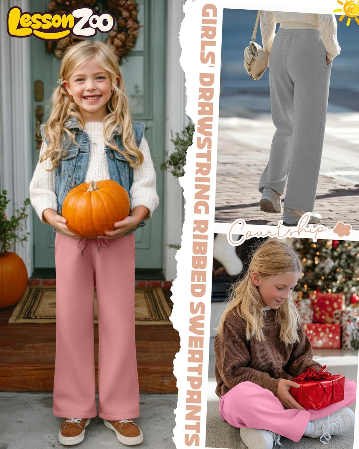 4 Pack Girls' Sweatpants Straight Leg Drawstring Kids Joggers Open Bottom Baggy Lounge Teen Pants with Pockets - Image 2