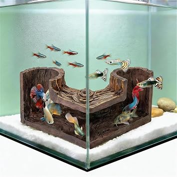 Fish Tank Aquarium Cave Hideout, Natural Resin Rock Look Decor 5.1"X2"X2.7", Safe Betta Tunnel for Guppy Neon Tetra Corydoras Catfish, Aquarium Decorations & Accessories,Tree Stump Tunnel