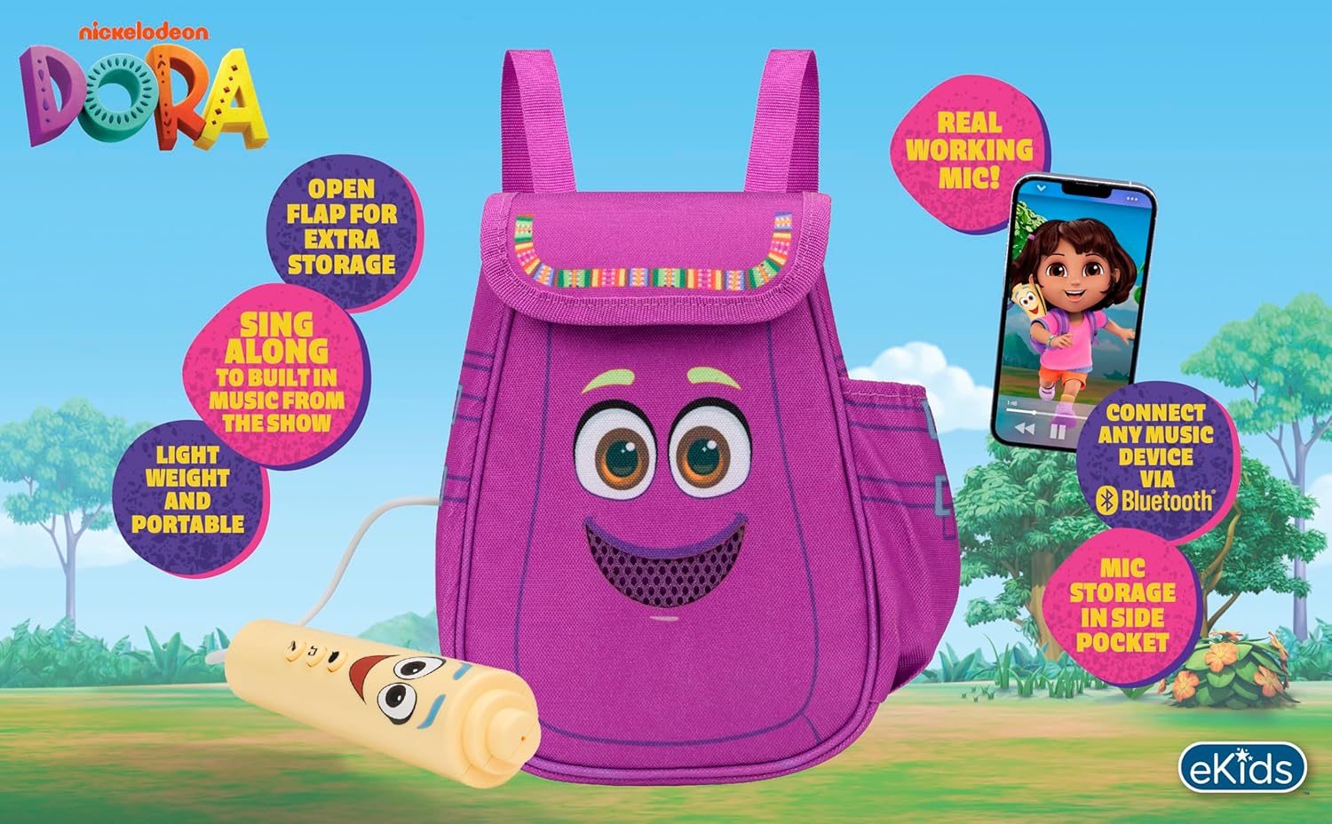 Dora Karaoke Microphone with Boombox highlighting features