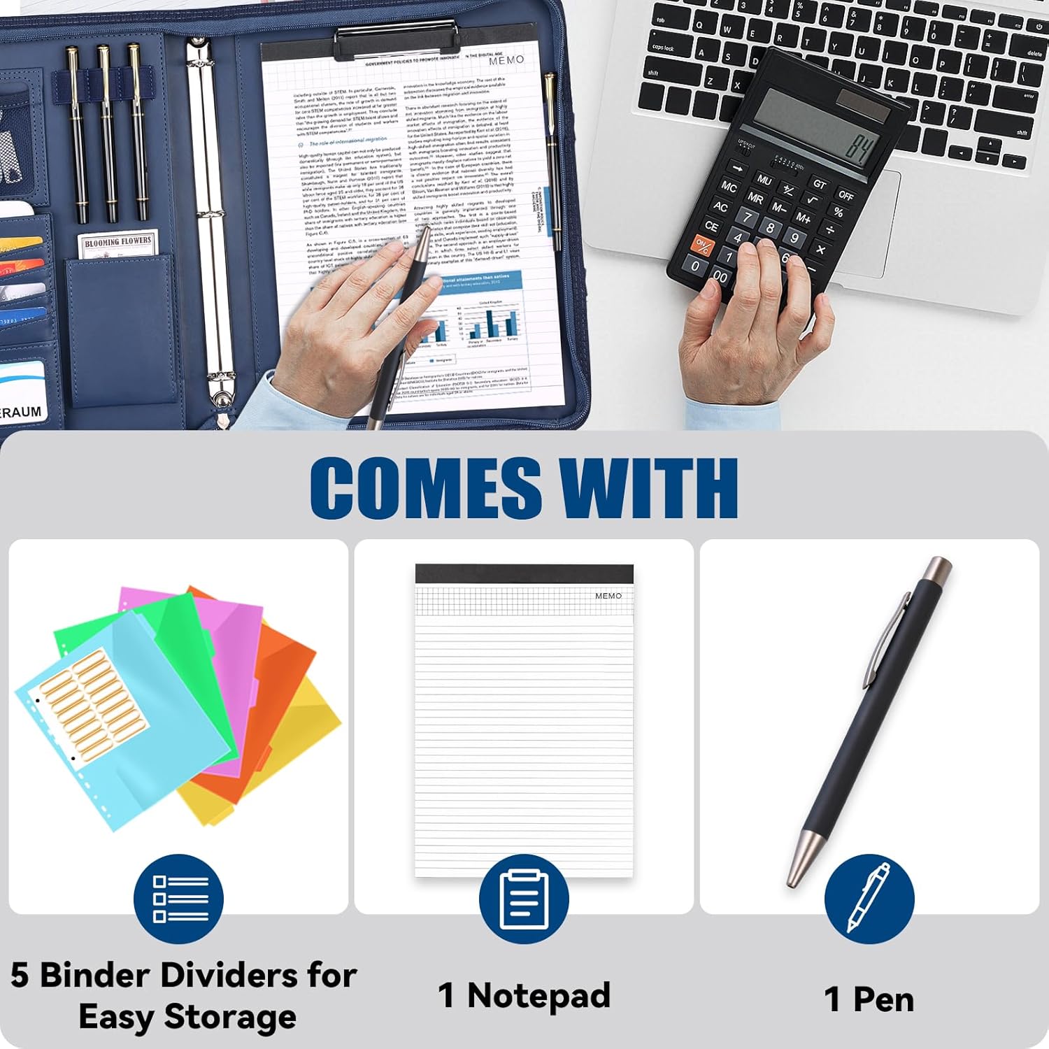 Padfolio Portfolio Binder with Handle, 3-Ring Folder Organizer, Vegan Leather Portfolio with Notepad Includes 5 Dividers with 10 Pockets for Documents Filesfor Documents Files and 1 Pen - Image 3