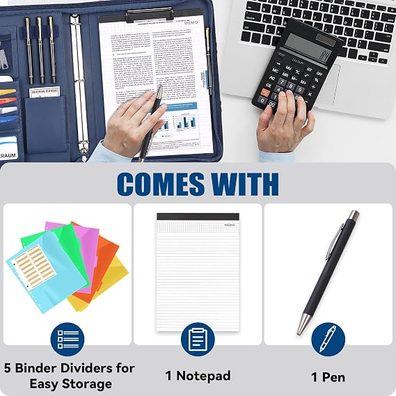 Padfolio Portfolio Binder with Handle, 3-Ring Folder Organizer, Vegan Leather Portfolio with Notepad Includes 5 Dividers with 10 Pockets for Documents Filesfor Documents Files and 1 Pen