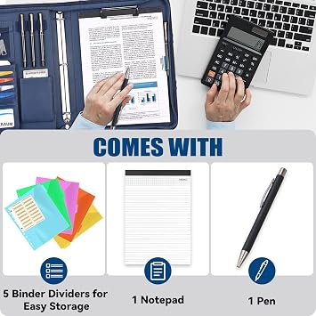 Padfolio Portfolio Binder with Handle, 3-Ring Folder Organizer, Vegan Leather Portfolio with Notepad Includes 5 Dividers with 10 Pockets for Documents Filesfor Documents Files and 1 Pen