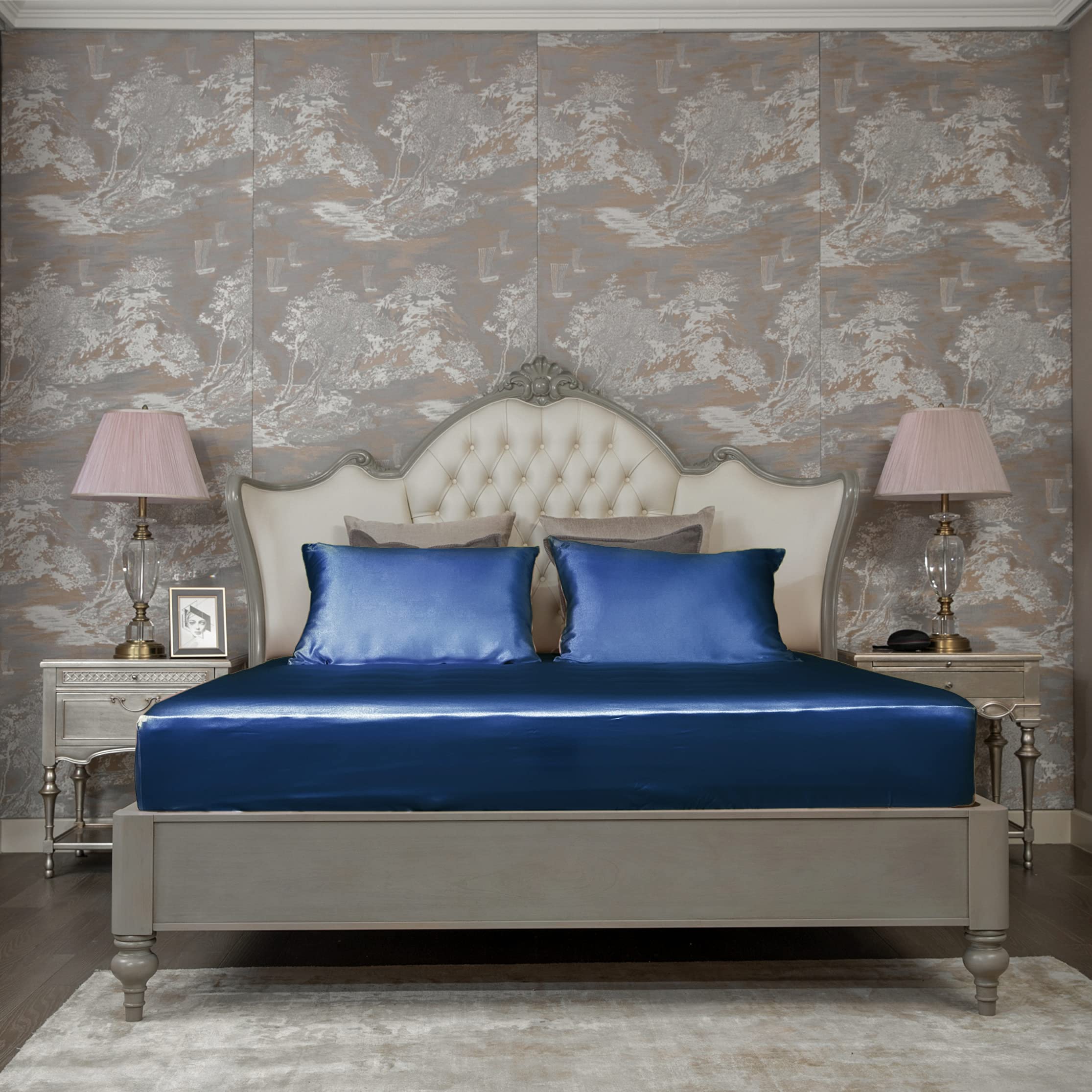 30 Momme 100% Mulberry Silk Fitted Sheet, 1 Pc Fitted Sheet ONLY with 16 Inch Deep Pocket, Both Sides Top Grade 7A 30 Momme Silk - Twin Size, Navy Blue