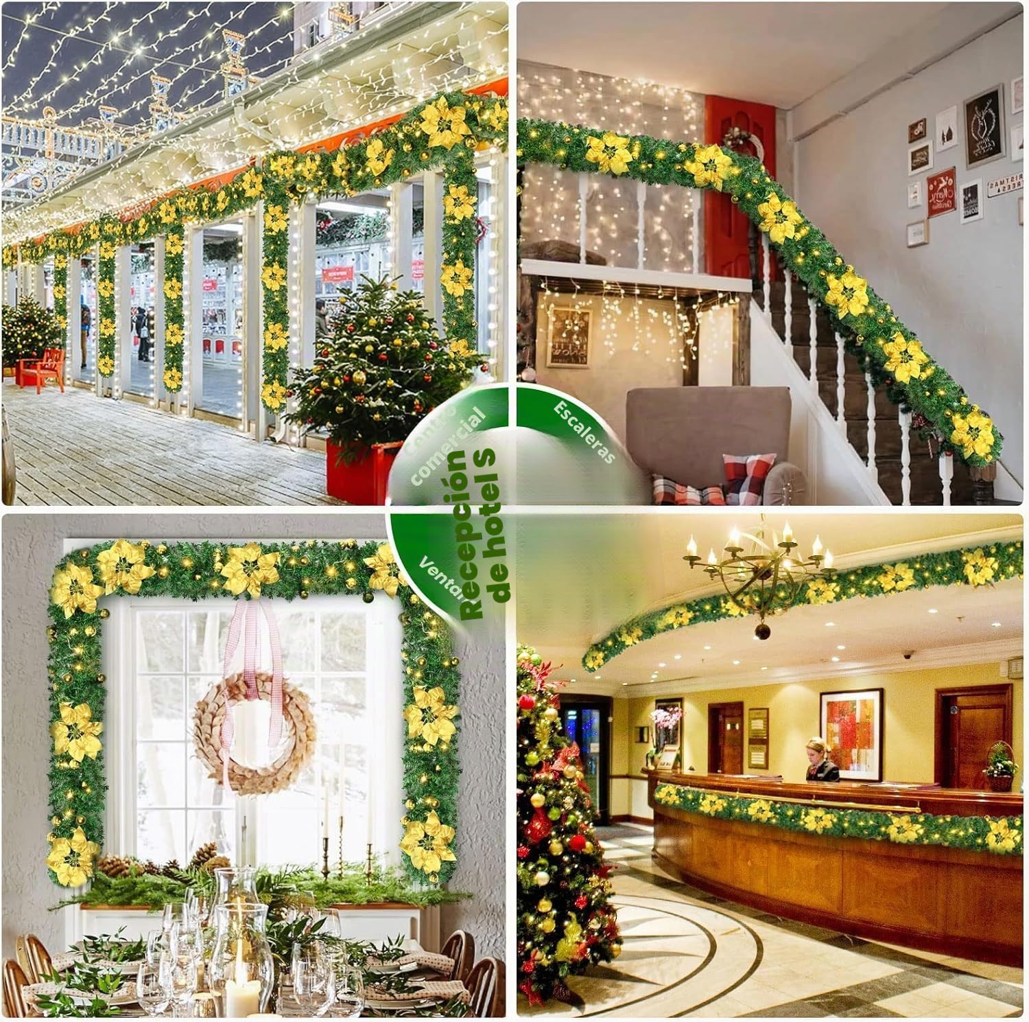 Guirnalda Navidad, Corona navideña de 2,7 m, 200 Ramas, con Bayas Rojas y Agujas de Pino Blanco,Decoracion Navidad para Chimenea con escalones de jardín (Oro)
