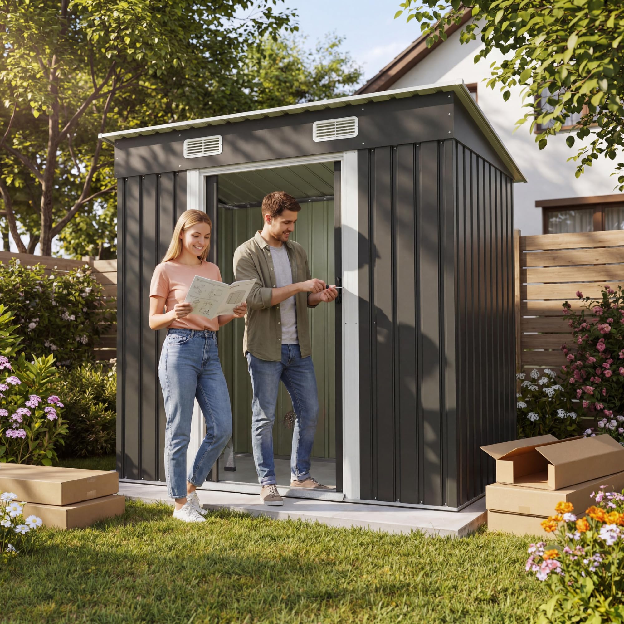 JUMMICO Metall Gerätehaus 3.63m³ 183x109x182cm Gartenschuppen mit Schiebetüre Schwarz