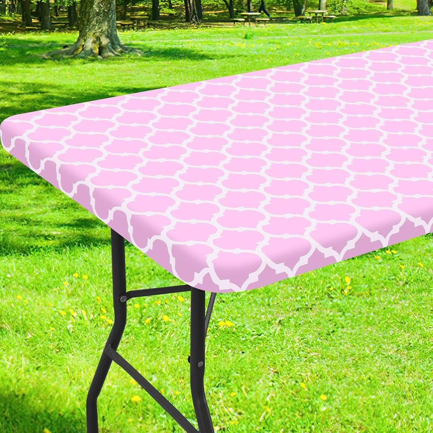 Morbuy Tablecloths Rectangular with Elastic Edged, Waterproof Wipeable Table Protector Cover Water Resistant Tablecloth Covers for Kitchen Outdoor Garden Table (Pink,75x183cm)