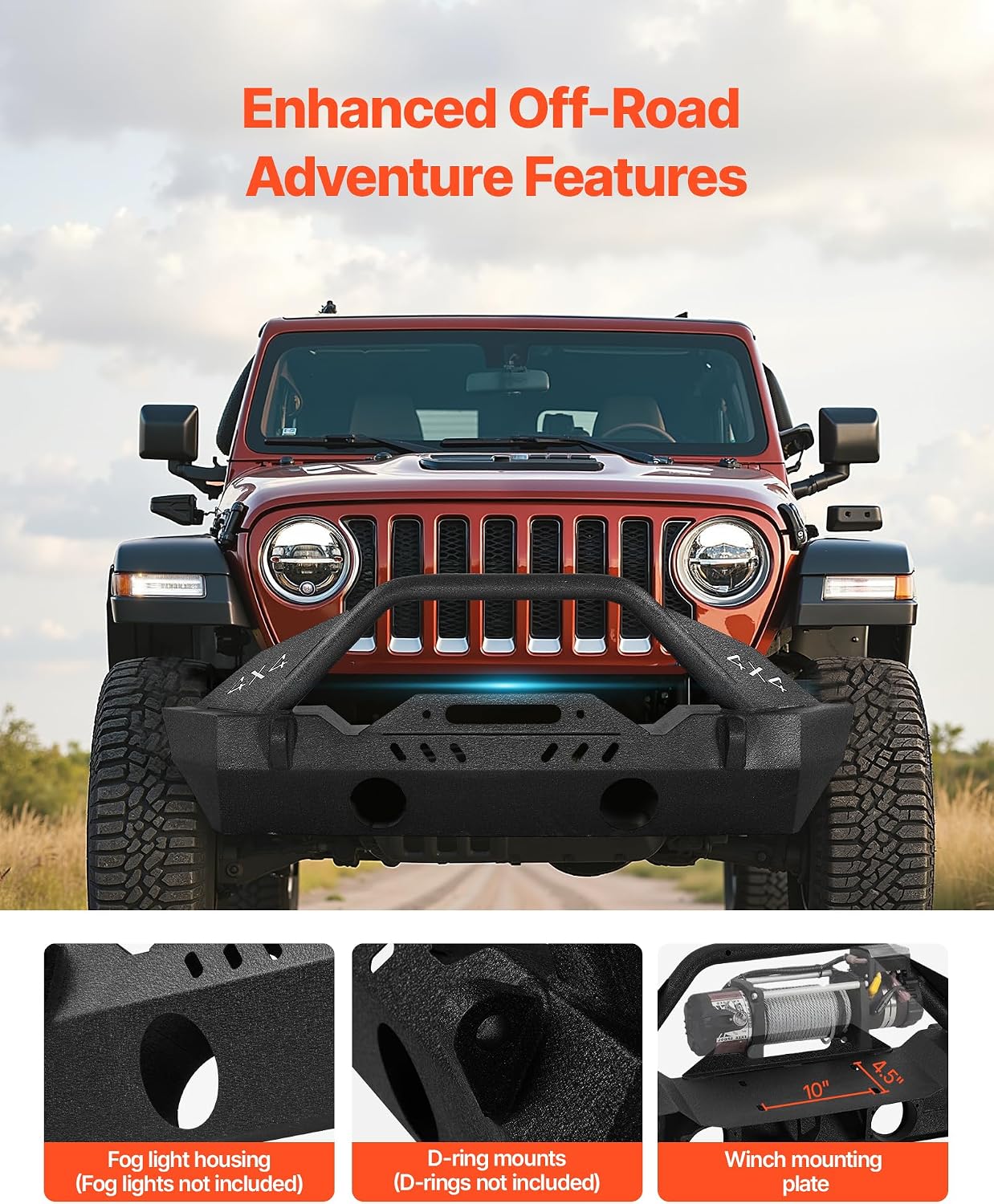 VEVOR Front Bumper Compatible with 2018-2024 Jeep Wrangler JL JLU & Gladiator JT, Heavy-Duty Steel Front Bumper with Winch Plate, D-Ring Mounts & Fog Light Housing