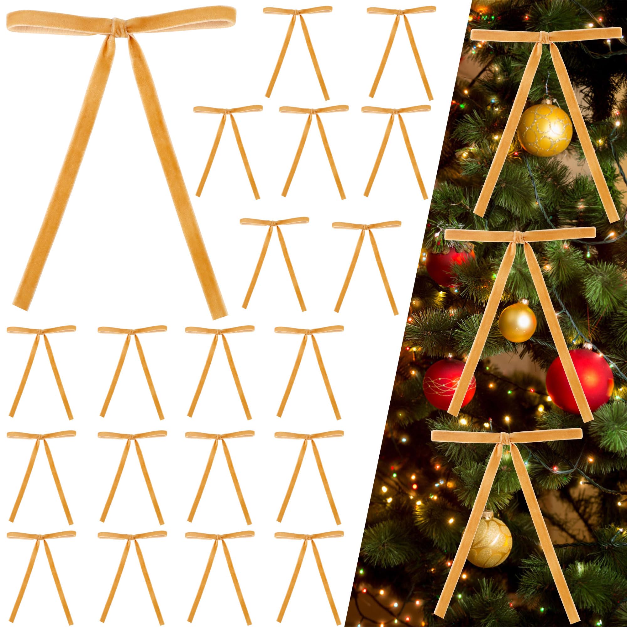 Manjonzic Khaki 24Pcs Velvet Ribbon Bows For Christmas Tree - Vintage Decor, Door Garland, Wreath Decorations, Home & Wedding Decoration - Clear Twist Tie, 5X7 Inch, 3/8'' Width