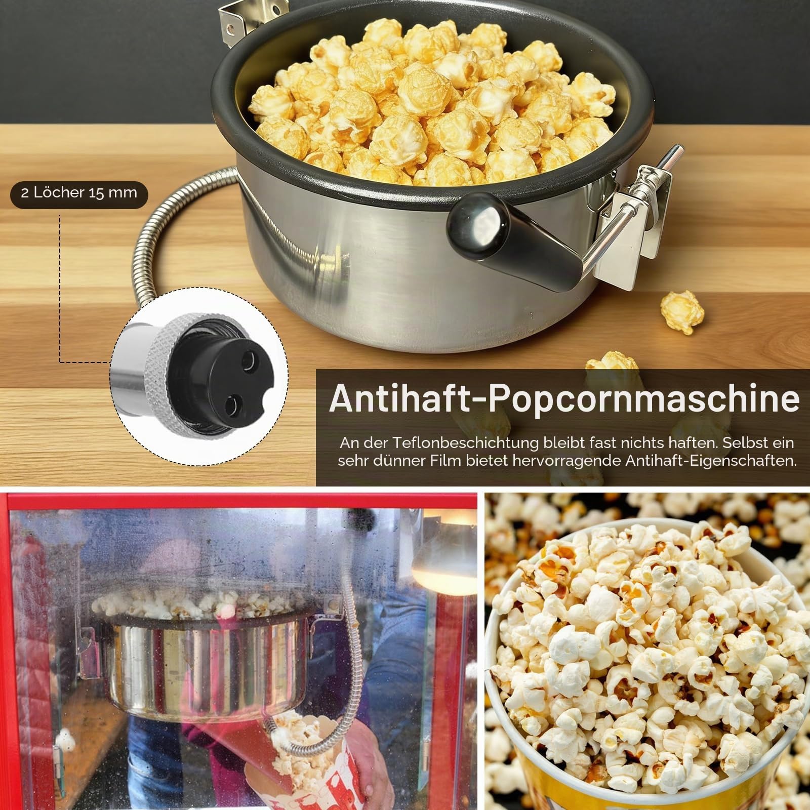 Heissluft Popcornmaschine Zubehör, Popcorntopf 2 Holes-15mm Elektrische Handgekurbelte Popcorn-Herstellerteile ​Topf Anti-Scorch-Pfanne Einfach zu Säubern für Mais und Snack