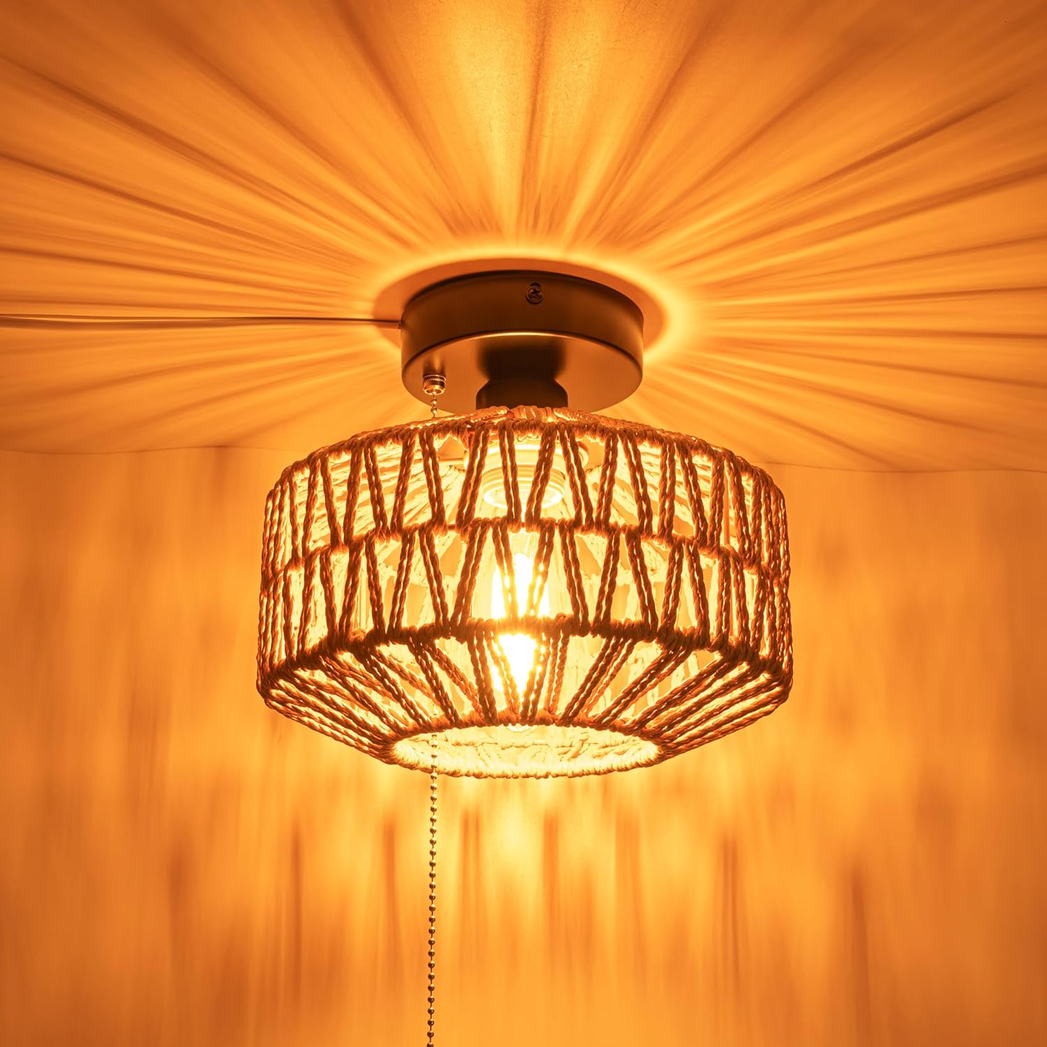 12V RV Hardwired Hand-Woven Boho Light Fixtures, Zipper Switch Wicker Rattan Dome Shape Cover, Replaceable 2700K Bulb Included Semi Flush Mount Interior Lighting Decorative for Camper
