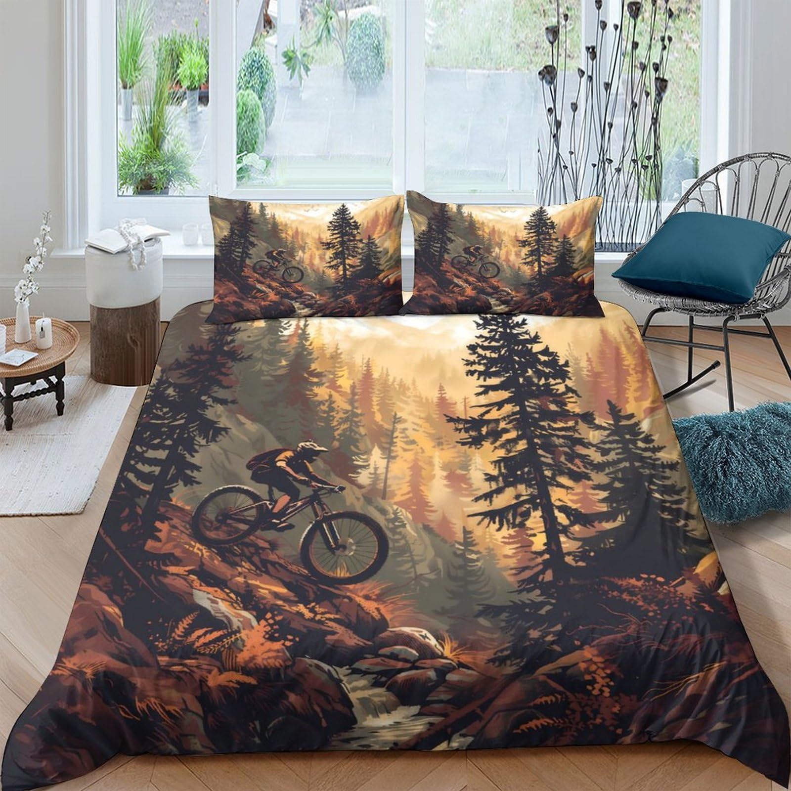 Ctjqhvkz Style-7 3D Printed Forest Mountain Biking Fitted Sheet Microfiber Autumn Tree Mattress Cover For Bedroom Dorm Decor Single（135X200cm）