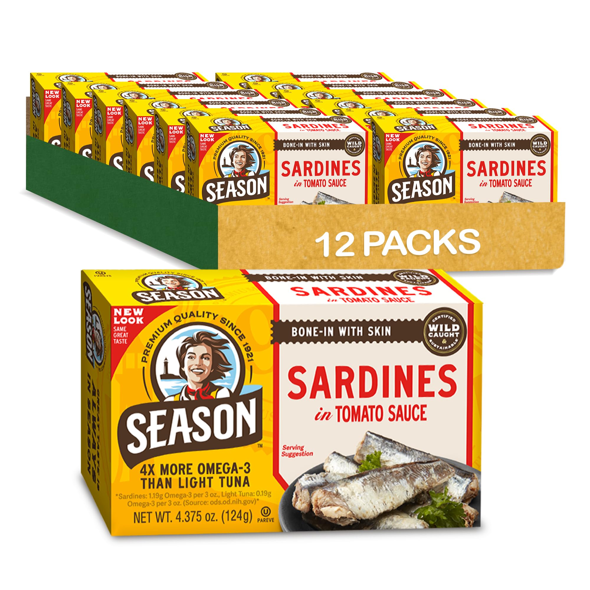 Season Sardines in Tomato Sauce - Wild Caught, 22g of Protein, Keto Snacks, More Omega 3's Than Tuna, Kosher, High in Calcium, Canned Sardines - 4.37 Oz Tins, 12-Pack
