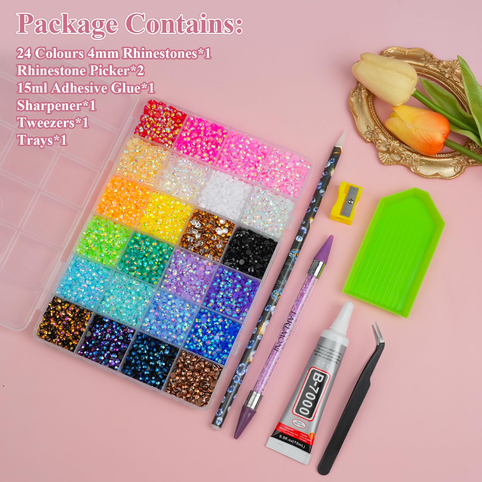 30000Pcs Resin Jelly Rhinestones for Bedazzling, EARLMONI Flatback Gems Bedazzler Kit with 15ml B7000 Jewelry Glue Rhinestones Picker Tool (4mm 24 Colors) — Amazon image 6