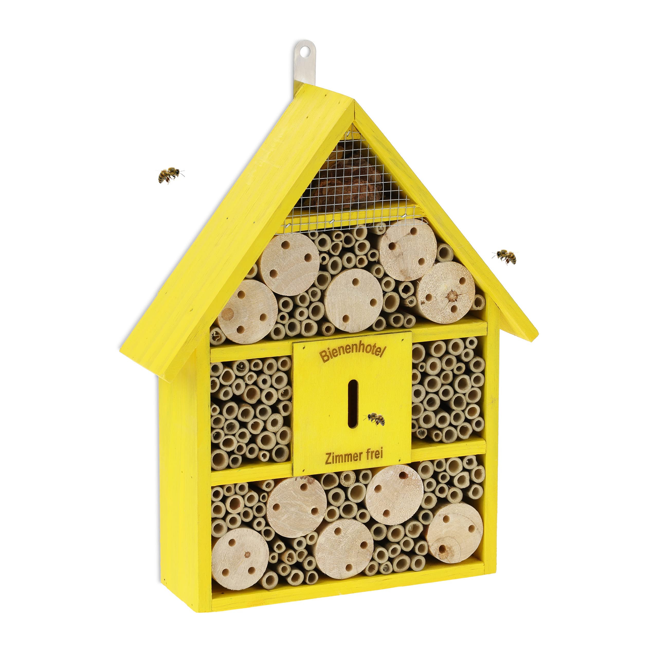 Relaxdays Insect Hotel, Nesting Aid for Wild Bees, HWD: 38x29x9 cm, Honeybees for Garden & Balcony, Yellow, Wood