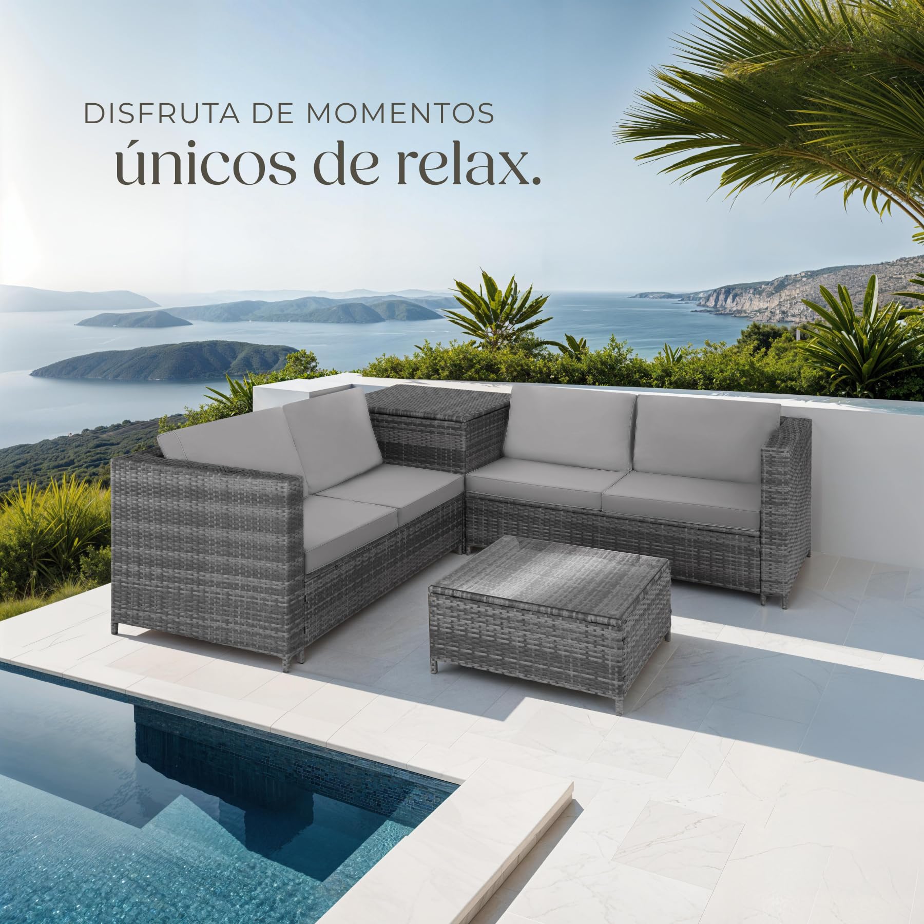 tectake® Conjunto Jardín de Ratán Combinable con Cojines Grosor 8 cm, Conjunto Terraza Acero y Resistente a la Intemperie, Muebles Jardín Exterior 2 Sofás, 1 Mesa, 1 Caja Almacenaje - Gris/Gris Claro