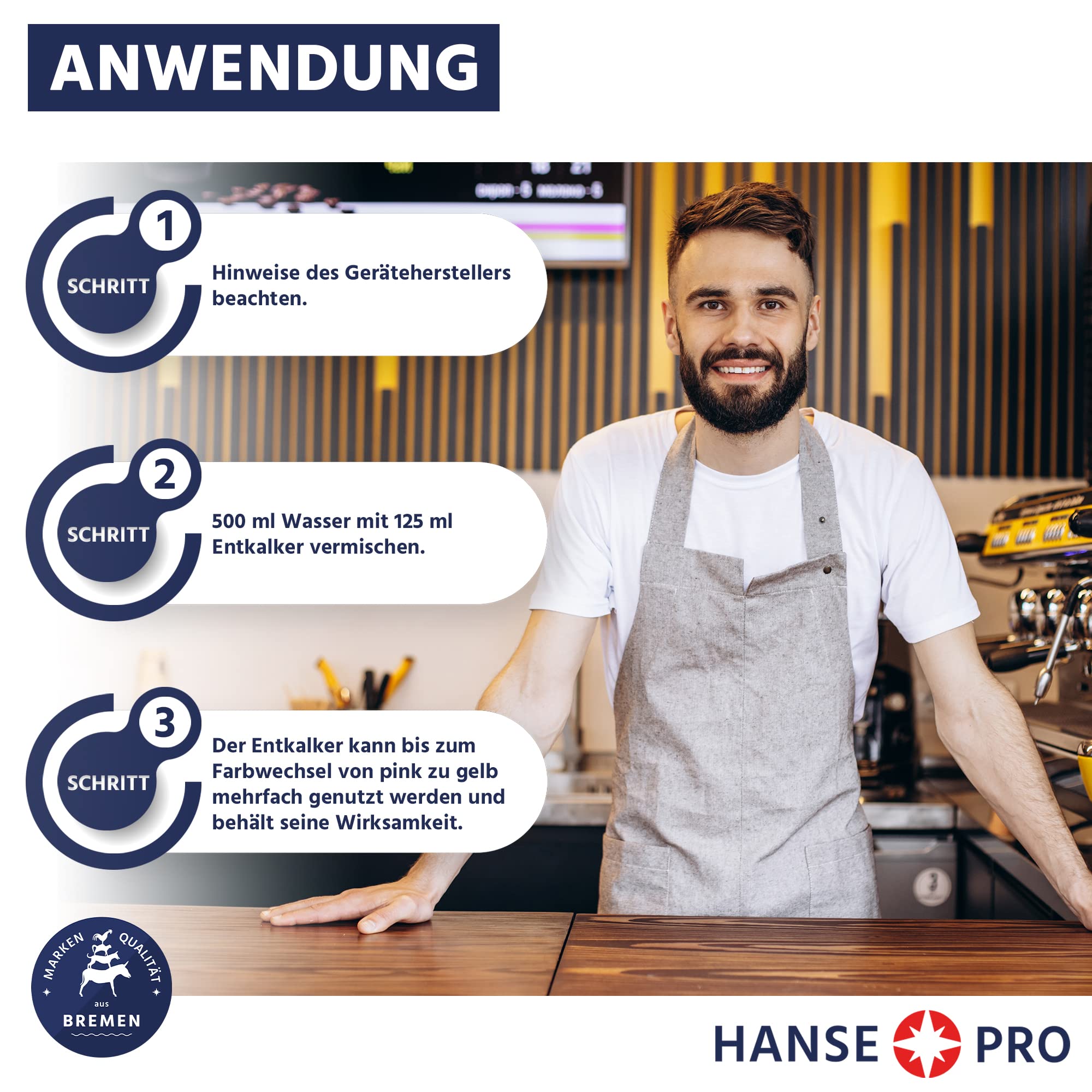 HANSE PRO Universal-Entkalker mit Farbindikator, 4 x 1000 ml I Flüssig-Entkalker I Kalklöser I universell einsetzbar I für Kaffeevollautomat, Kaffee-Maschine usw.