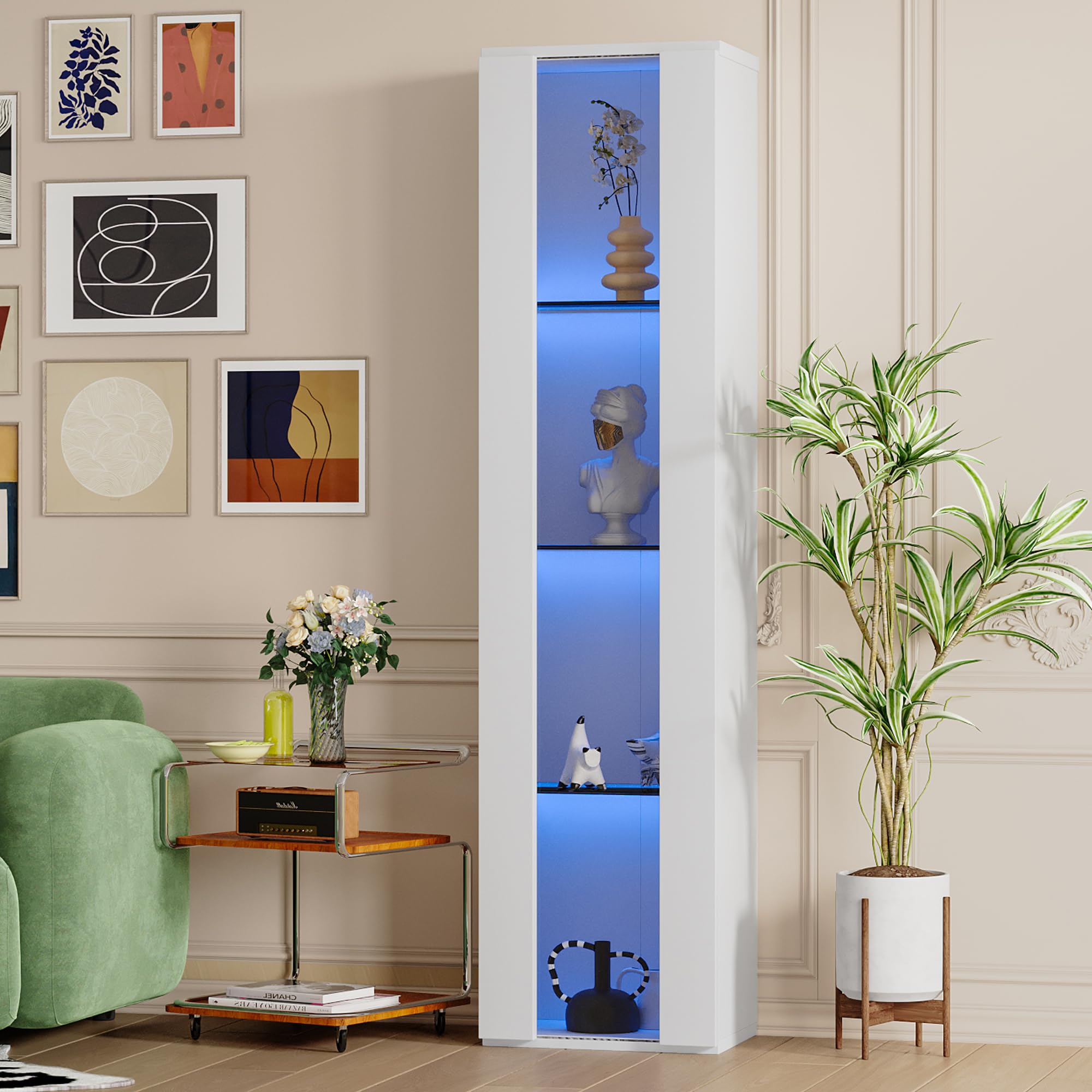 40 x 29 x 170 cm, vetrina multifunzionale, pareti divisorie in vetro, illuminazione d'atmosfera telecomandata, pannello acrilico, design minimalista (bianco)