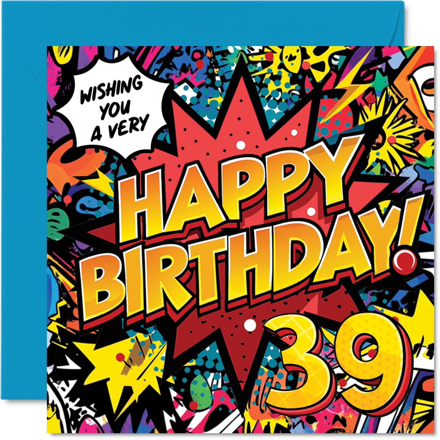 39th Birthday Cards for Men Women - Comic Book Pow! - Happy Birthday Card for 39 Year Old Man Woman Brother Neighbour Cousin Daughter, 145mm Bday Greeting Cards