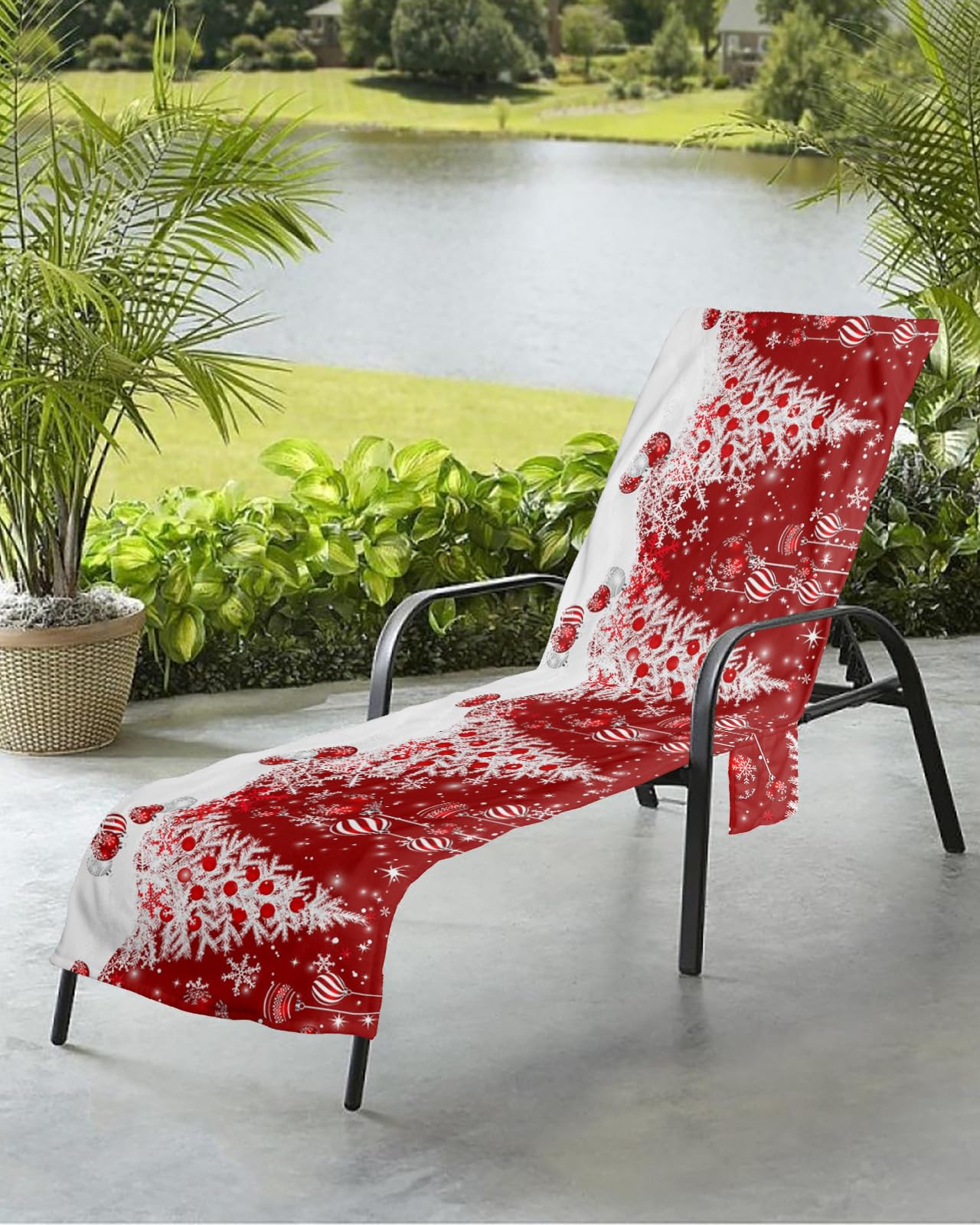Christmas Tree Beach Chair Towel Covers for Chaise Lounge with Side Pocket, Soft Plush Pool Towels Cover for Patio Sunbathing Outdoor 29''x85'' Red Xmas Balls Star Snowflake