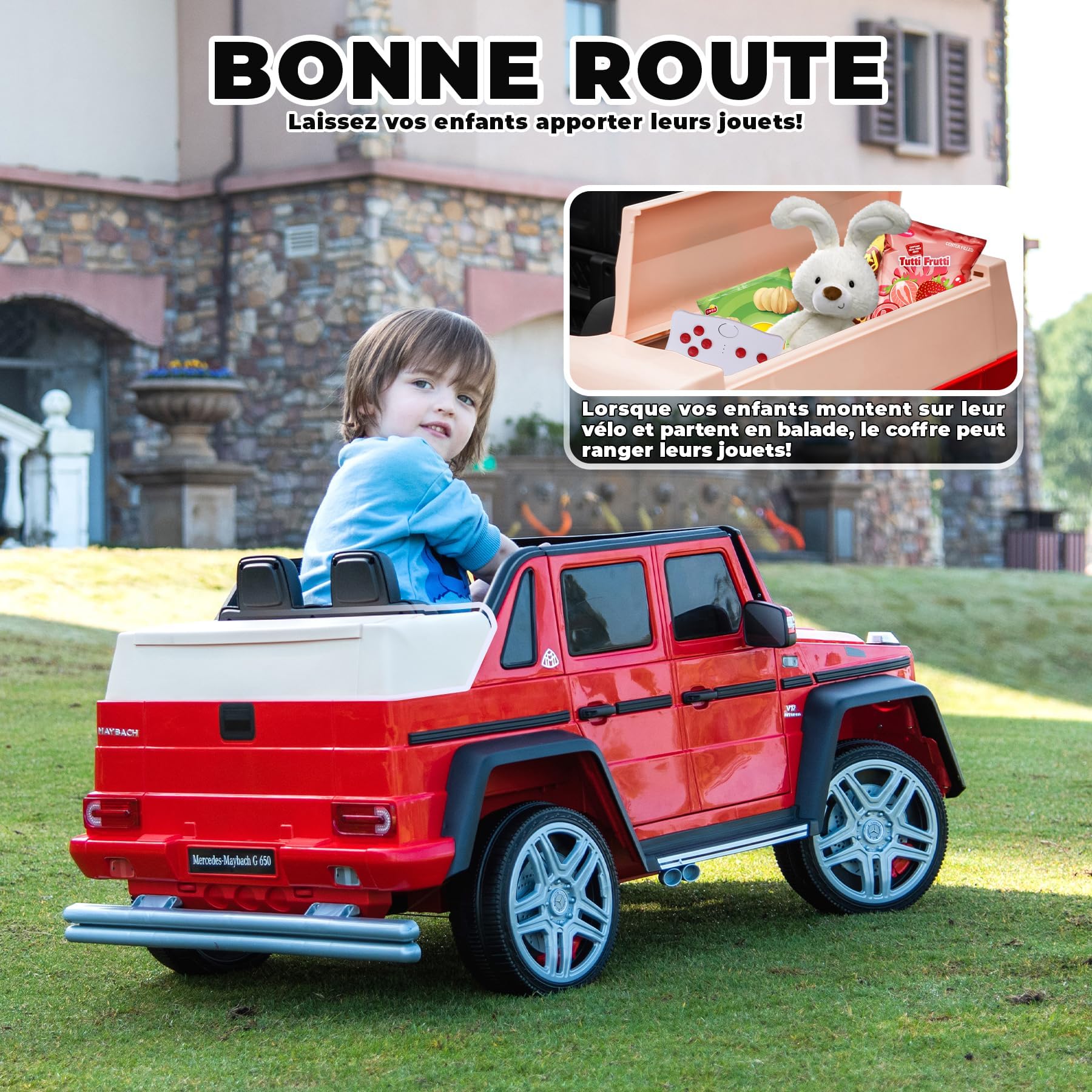 Kinder Elektroauto 12V Jeep mit Fernbedienung, LED Licht, Musik & USB,Rot