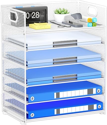 Miniatura 9 de Bandeja organizadora de papel con asa, organizador de escritorio apilable negro de 5 niveles con malla de metal, bandeja de papel resistente para