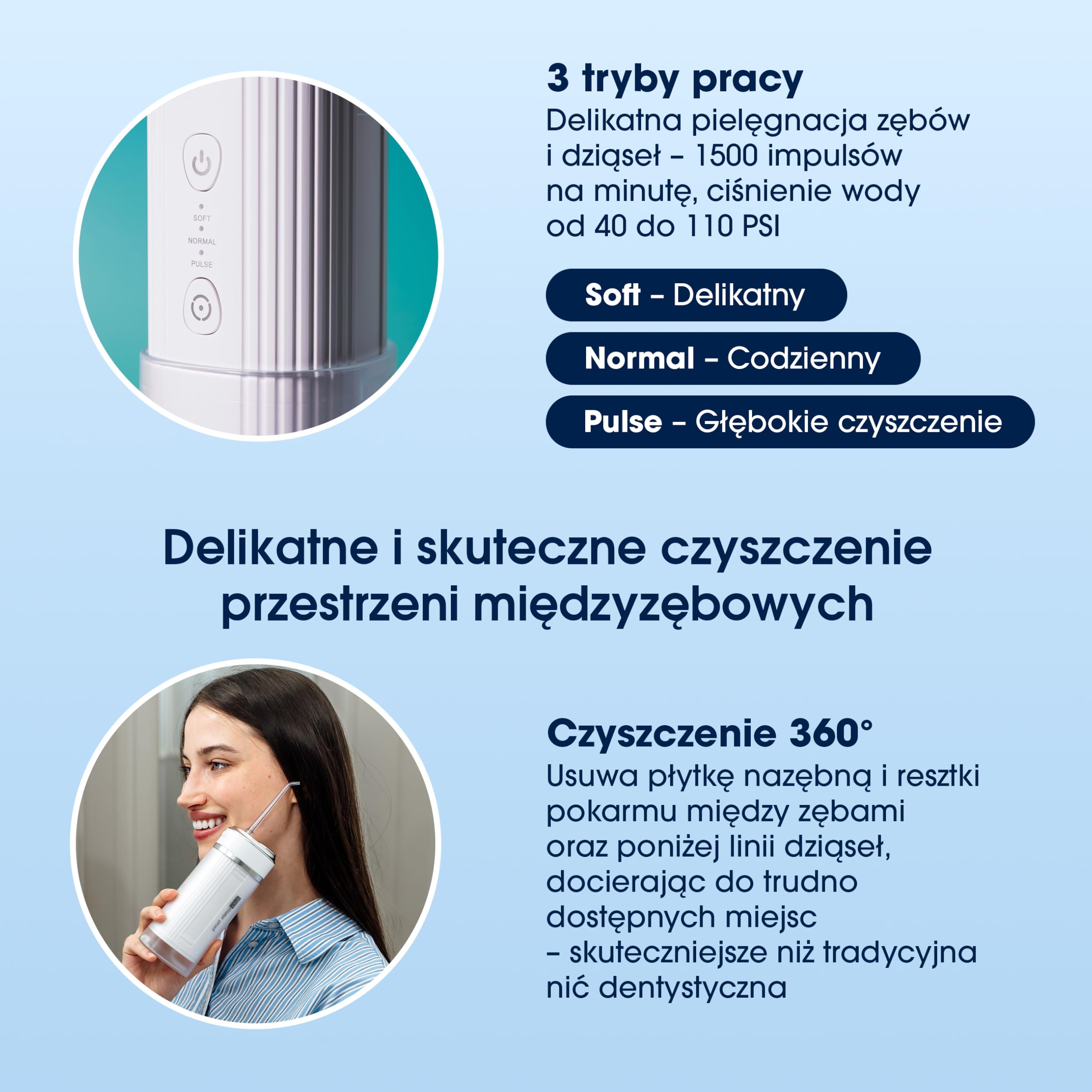 ZENT Stream+ Irygator wodny, Zaawansowana technologia obrotowa 360°, 3 Specjalne końcówki, Regulowane ciśnienie, Usuwanie płytki nazębnej, Wytrzymała bateria, Kompaktowe rozmiary, Niebieski
