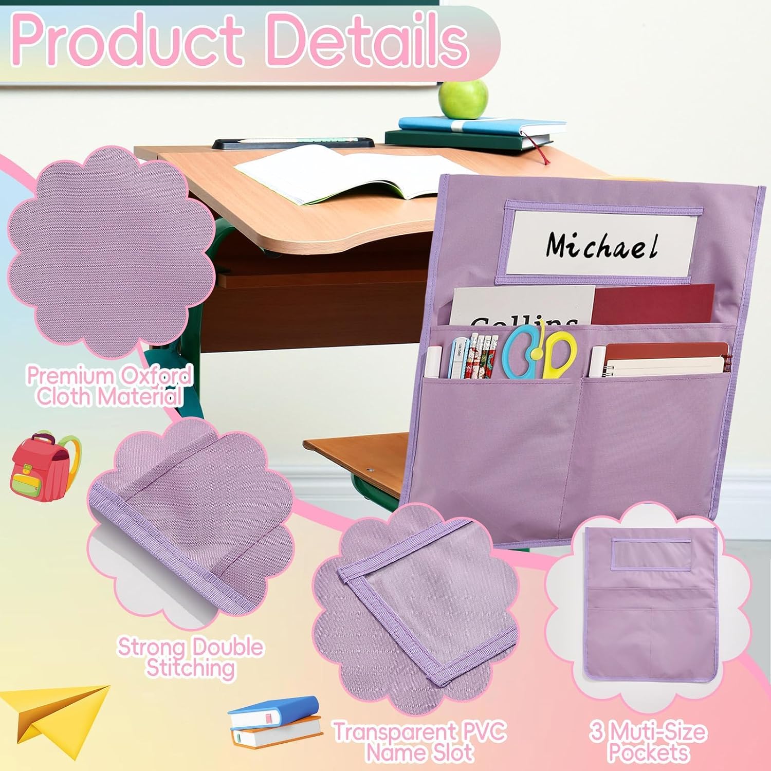 24Pcs Chair Pockets for Classroom 16.7 x 19.3 inch Seat Sacks with Name Tag for Classroom Chairback Pocket Chart 3 Pockets Chair Seat Back Organizer for Elementary School Daycare Home Supplies(Pastel) image 3
