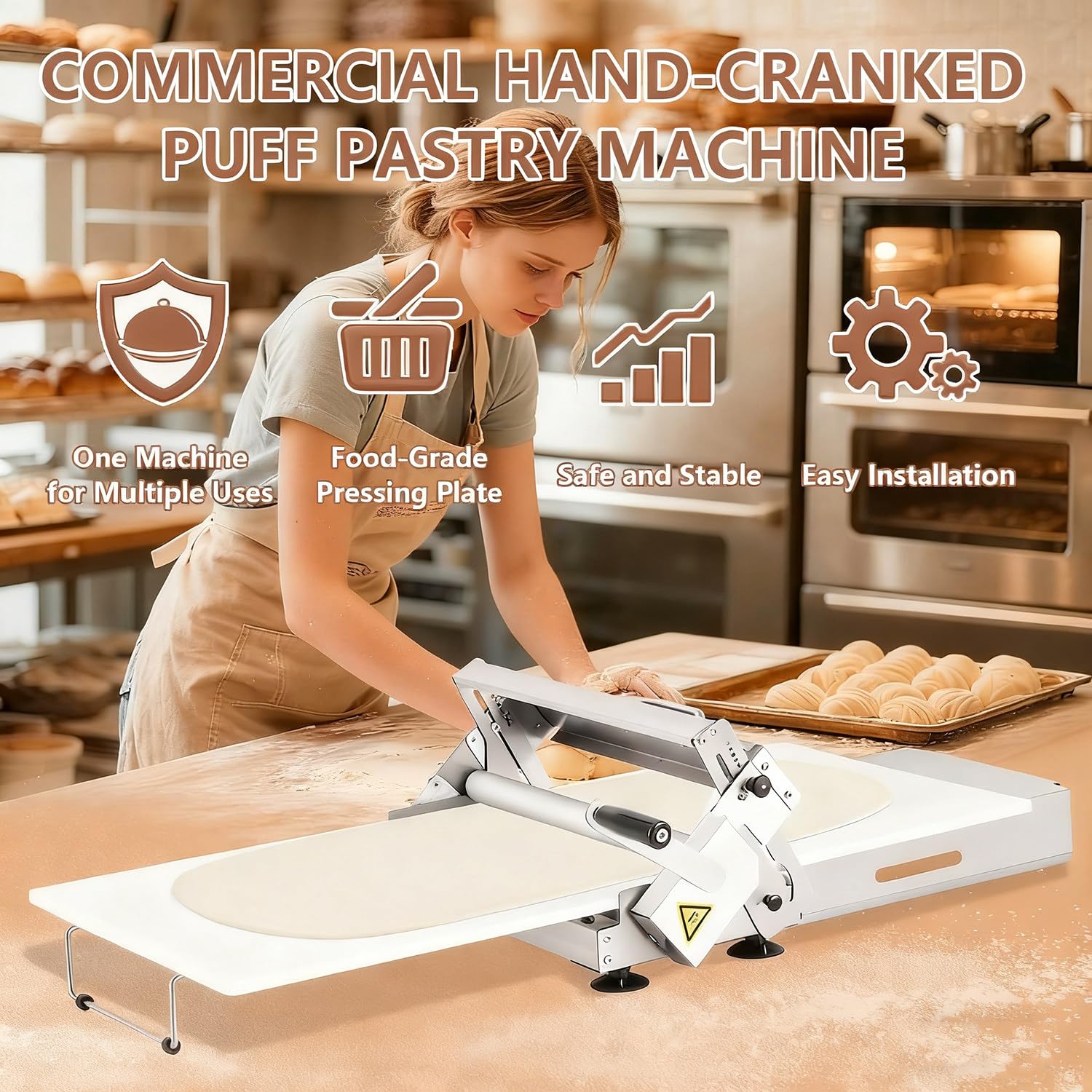 Teigausroll Blätterteig Maschine, Teigausrollmaschine, Mit Großem Ausrollbrett Und 360°-Rollengriff, Einstellbare Pressstärke Von 0-25,0 Mm, Edelstahl 400