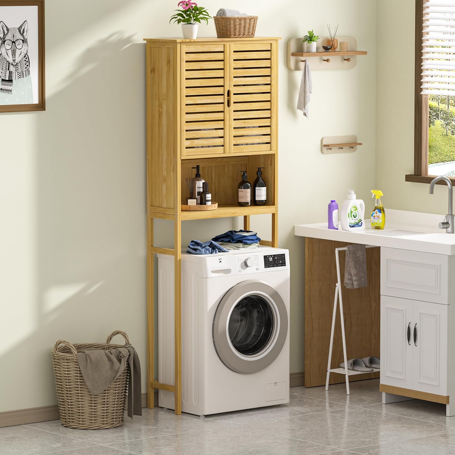 Yardenaler Over-The-Toilet Storage Shelf with Doors, Bathroom Freestanding Bamboo Organizer Space Saver with Adjustable Shelf, Natural