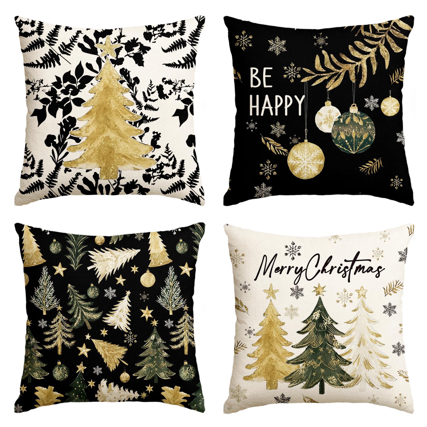 Housse de coussin 45x45 cm arbre doré lot de 4 taie oreiller canapé flocon noir