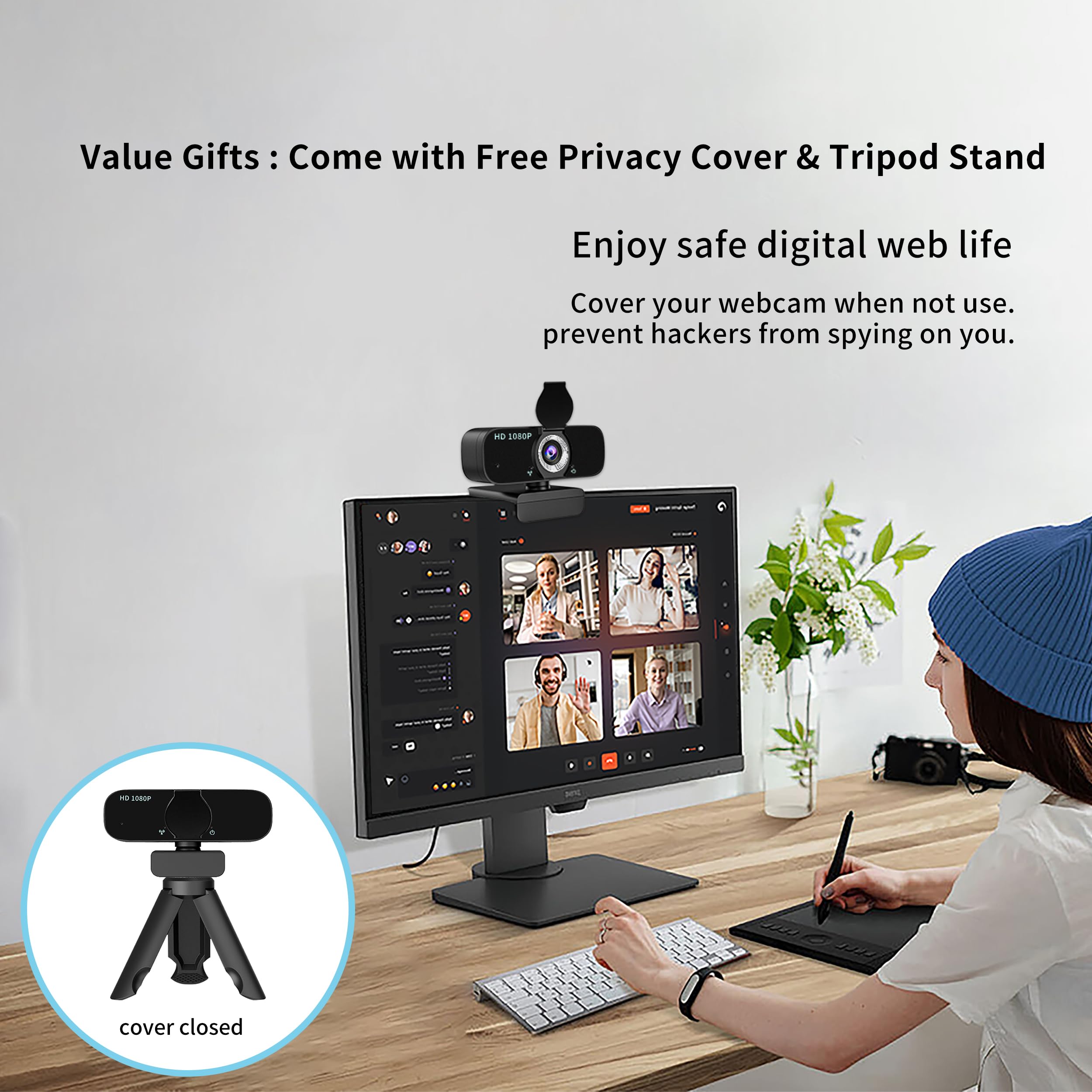 Cámara web 1080P para computadora/portátil/escritorio/PC, cámara externa con micrófono, USB Plug & Play, corrección automática de poca luz, cubierta de privacidad, trípode, gran angular para reunión 4