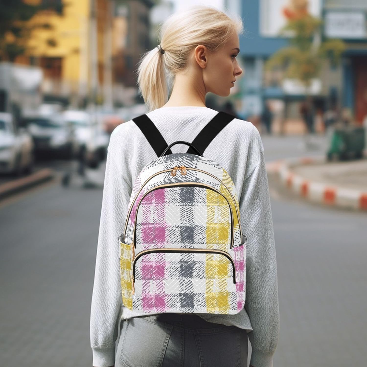 Mini Backpack for Women Pastel Color Block Plaid Pattern Small Purse Daypacks Stylish Bags Lightweight Travel Backpacks for College Shopping Work Dating